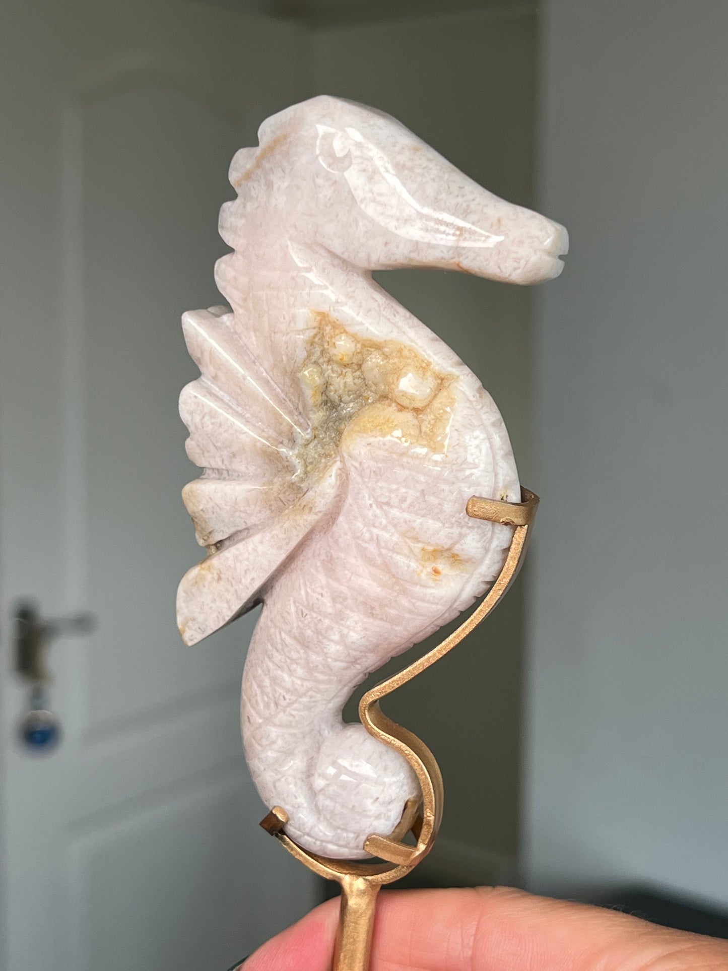 Pink Amethyst Seahorse On Gold Stand