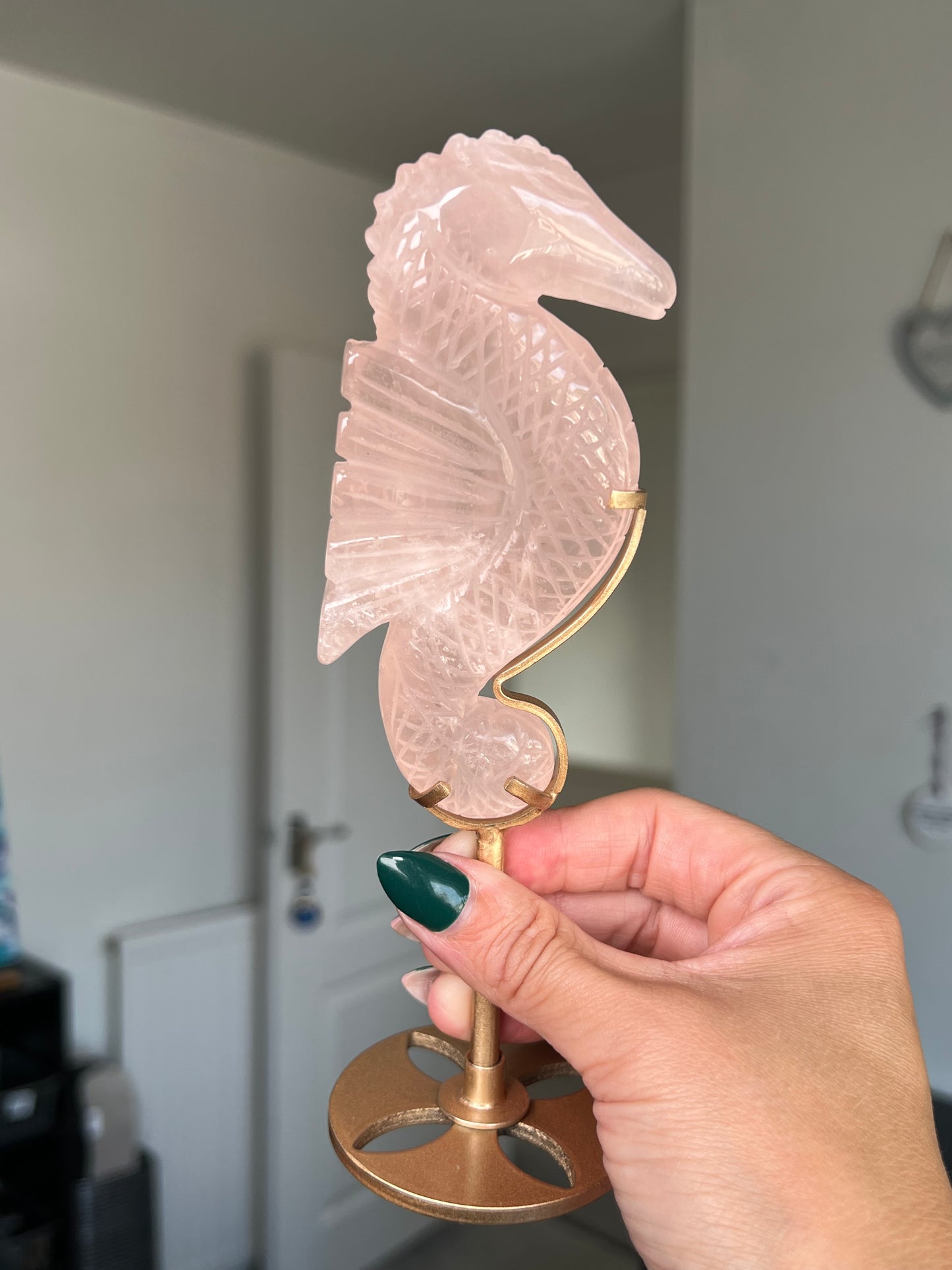 Rose Quartz Seahorse On Gold Stand