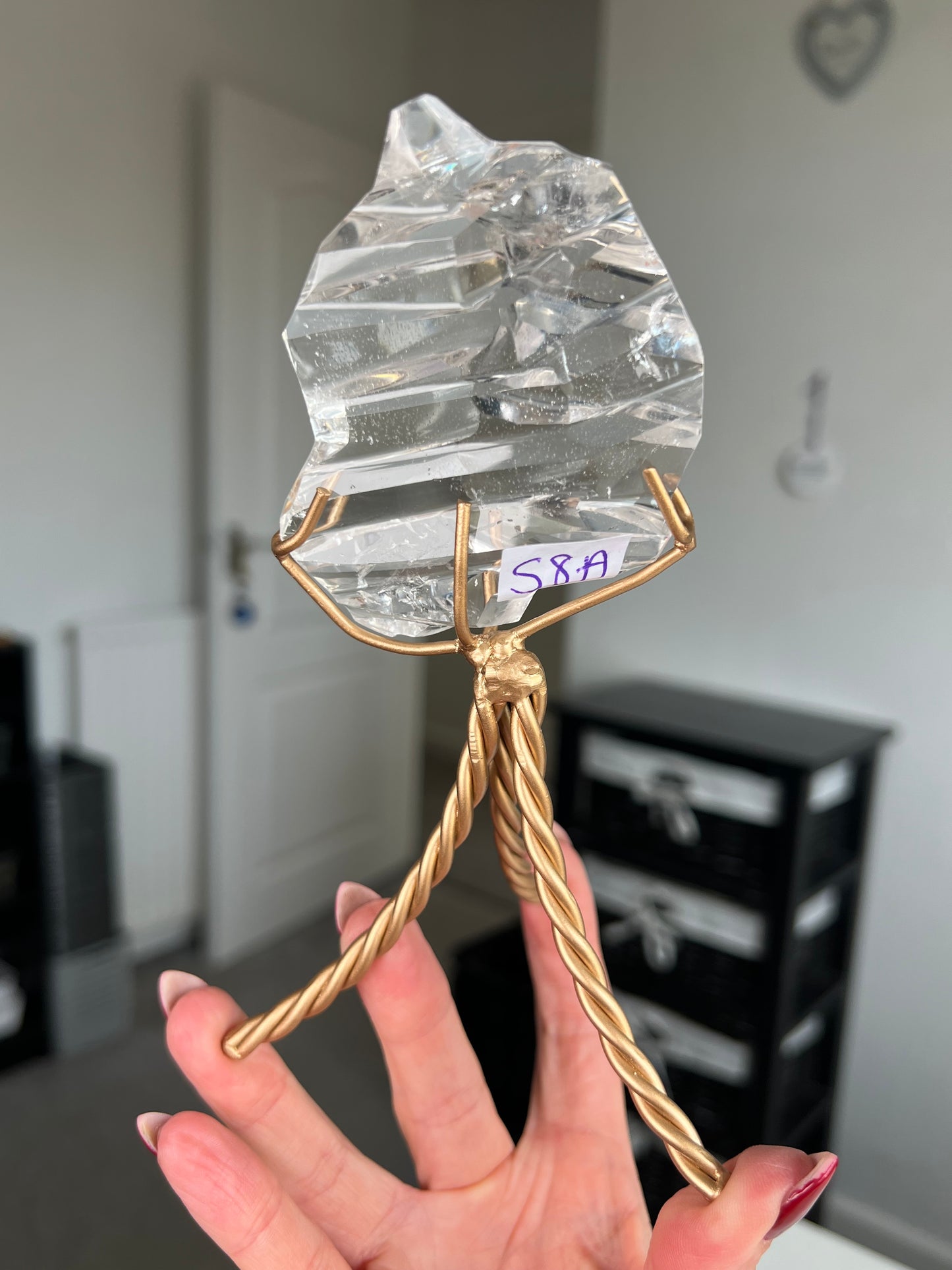 High Grade Brazilian Clear Quartz Sculpture On Gold Twisty Stand