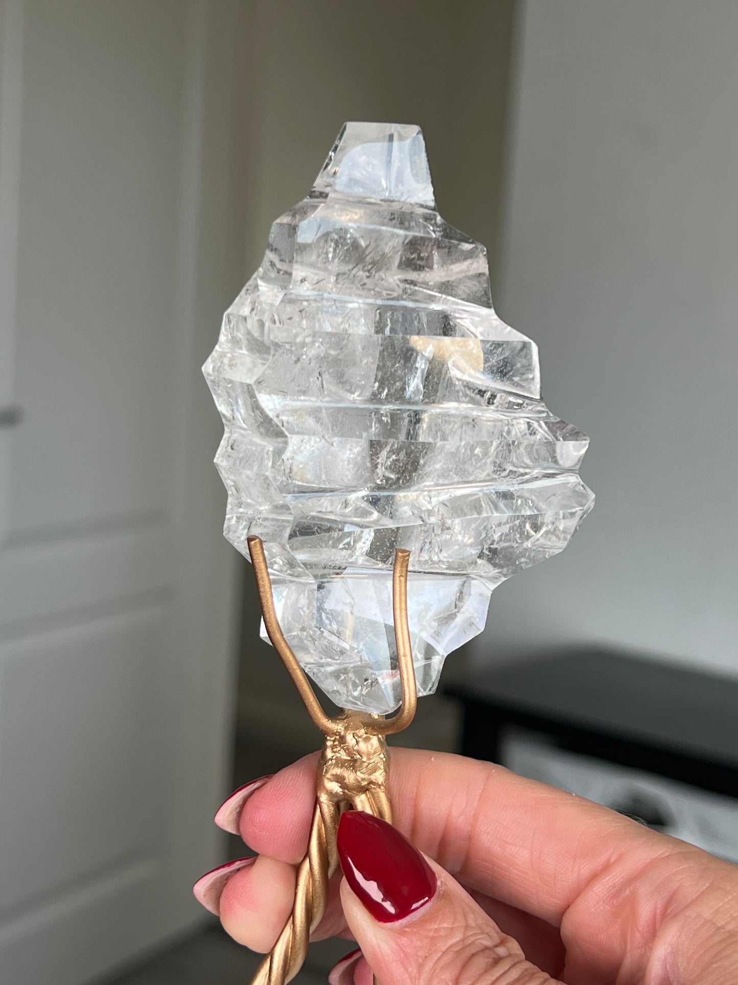 High Grade Brazilian Clear Quartz Sculpture On Gold Twisty Stand