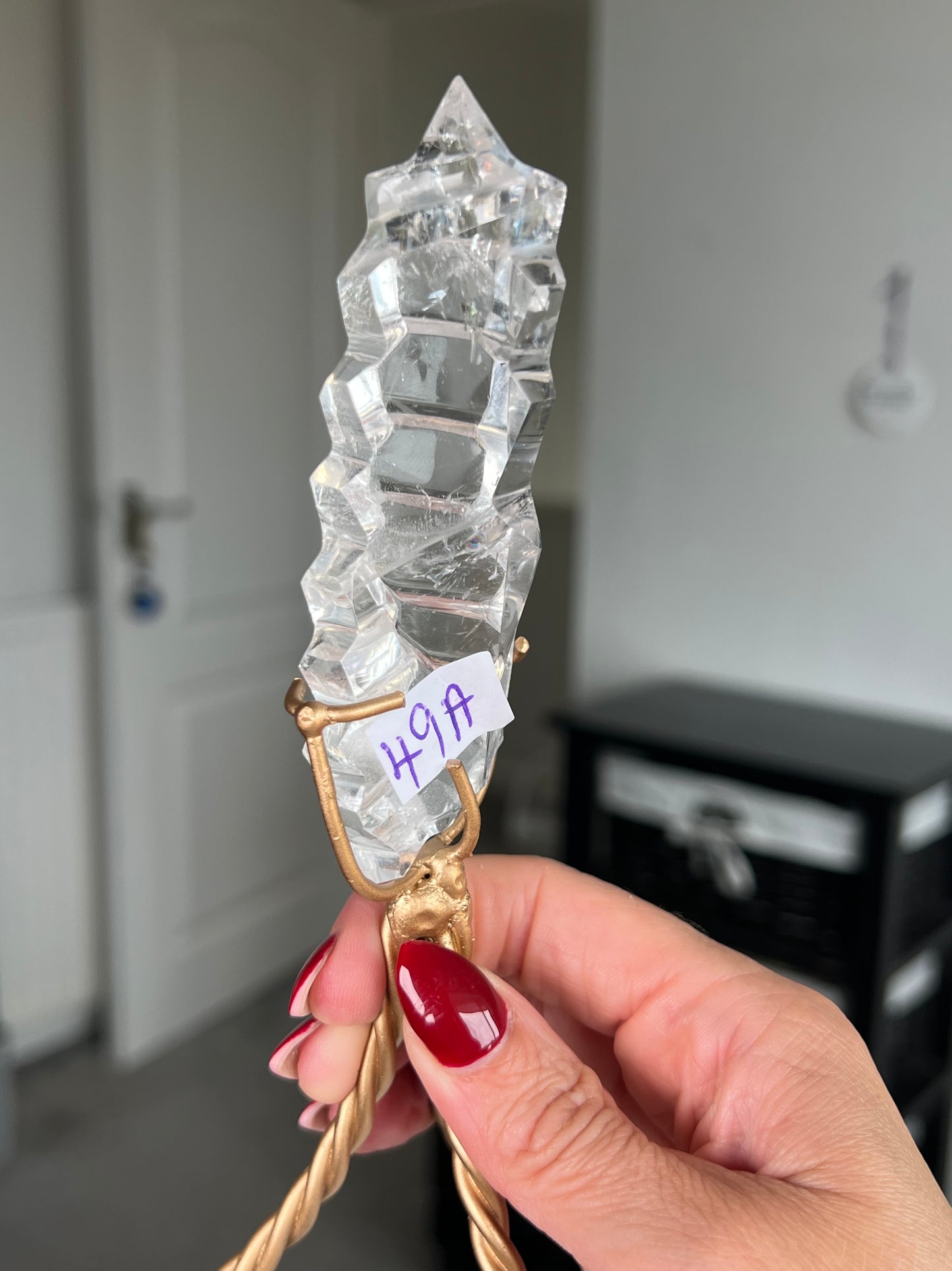 High Grade Brazilian Clear Quartz Sculpture On Gold Twisty Stand