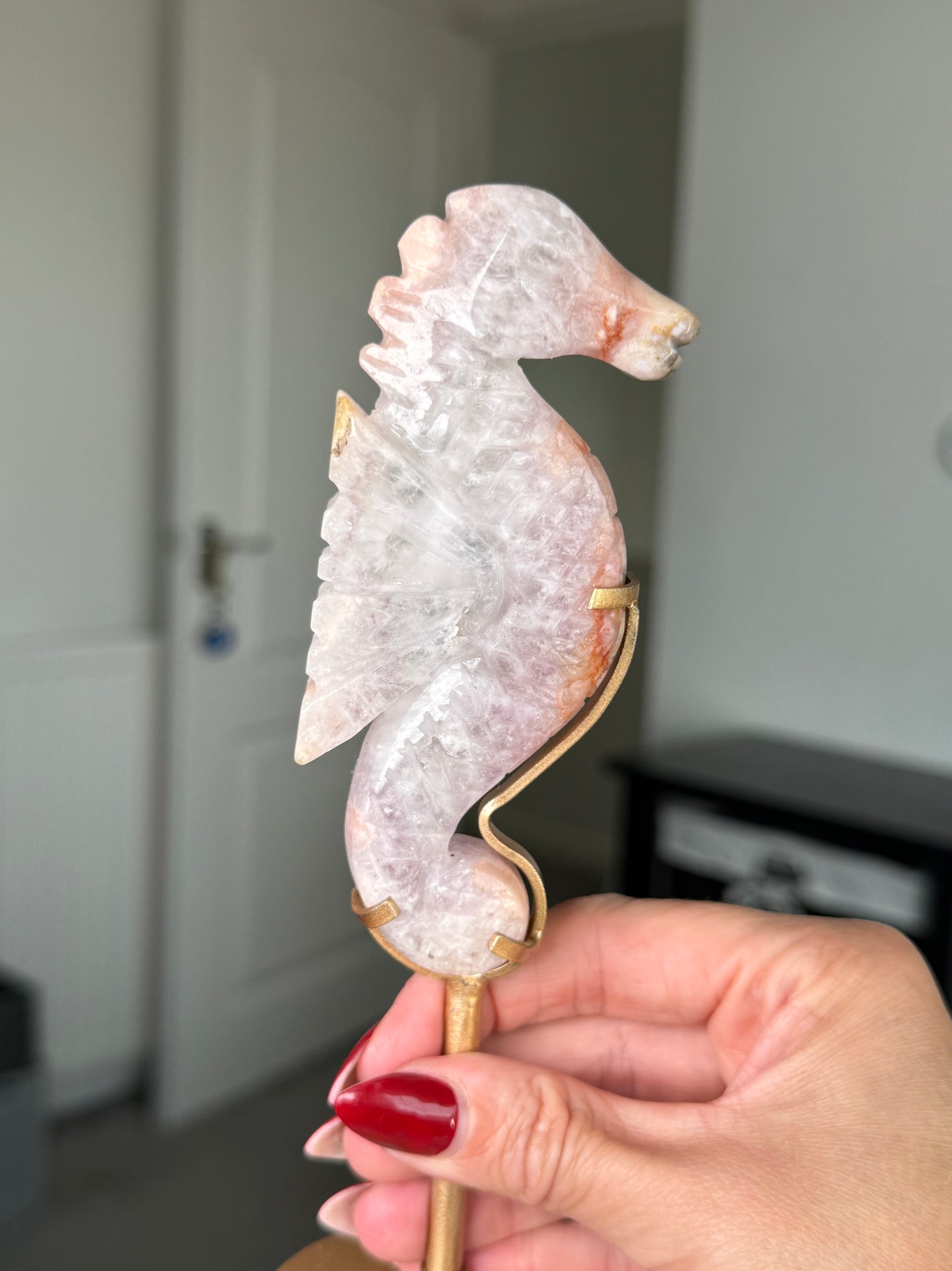 Flower Agate Seahorse On Gold Stand