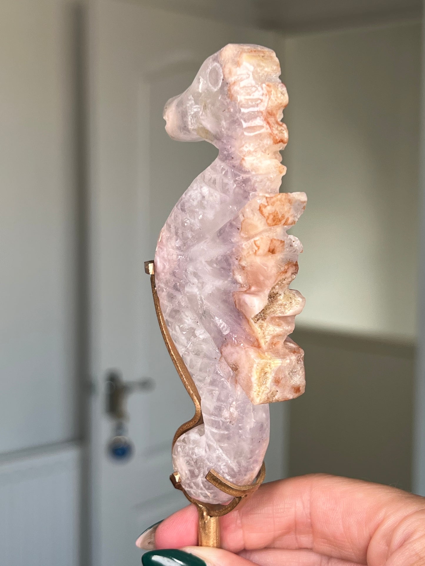 Flower Agate Seahorse On Gold Stand