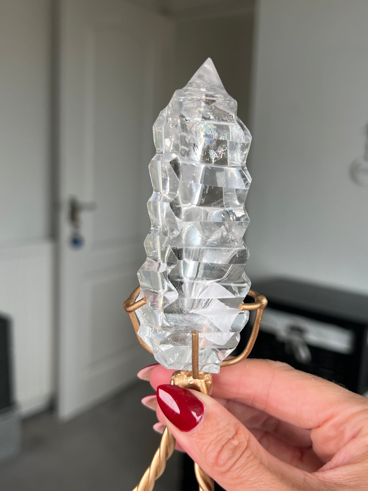 High Grade Brazilian Clear Quartz Sculpture On Gold Twisty Stand