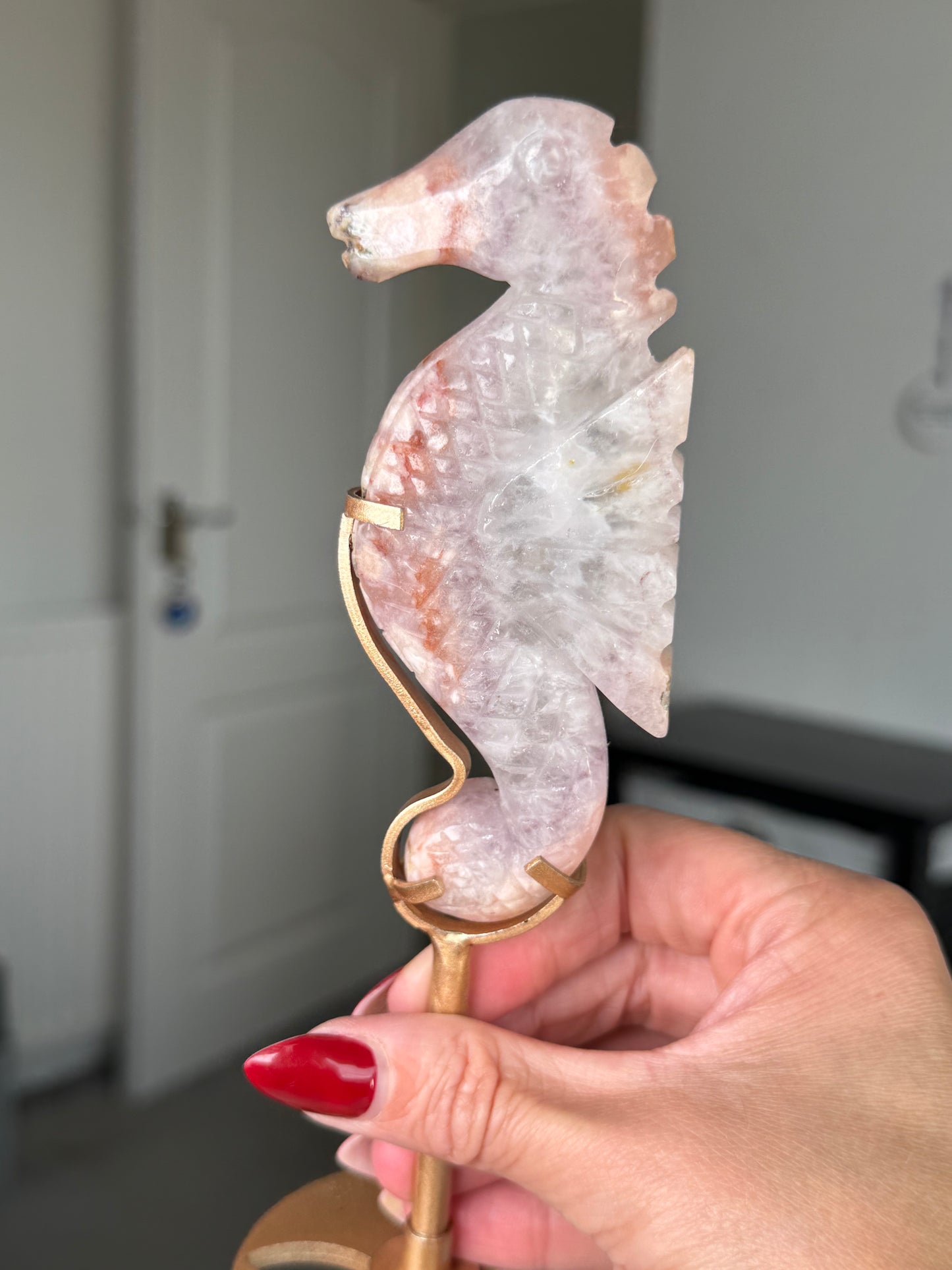 Flower Agate Seahorse On Gold Stand