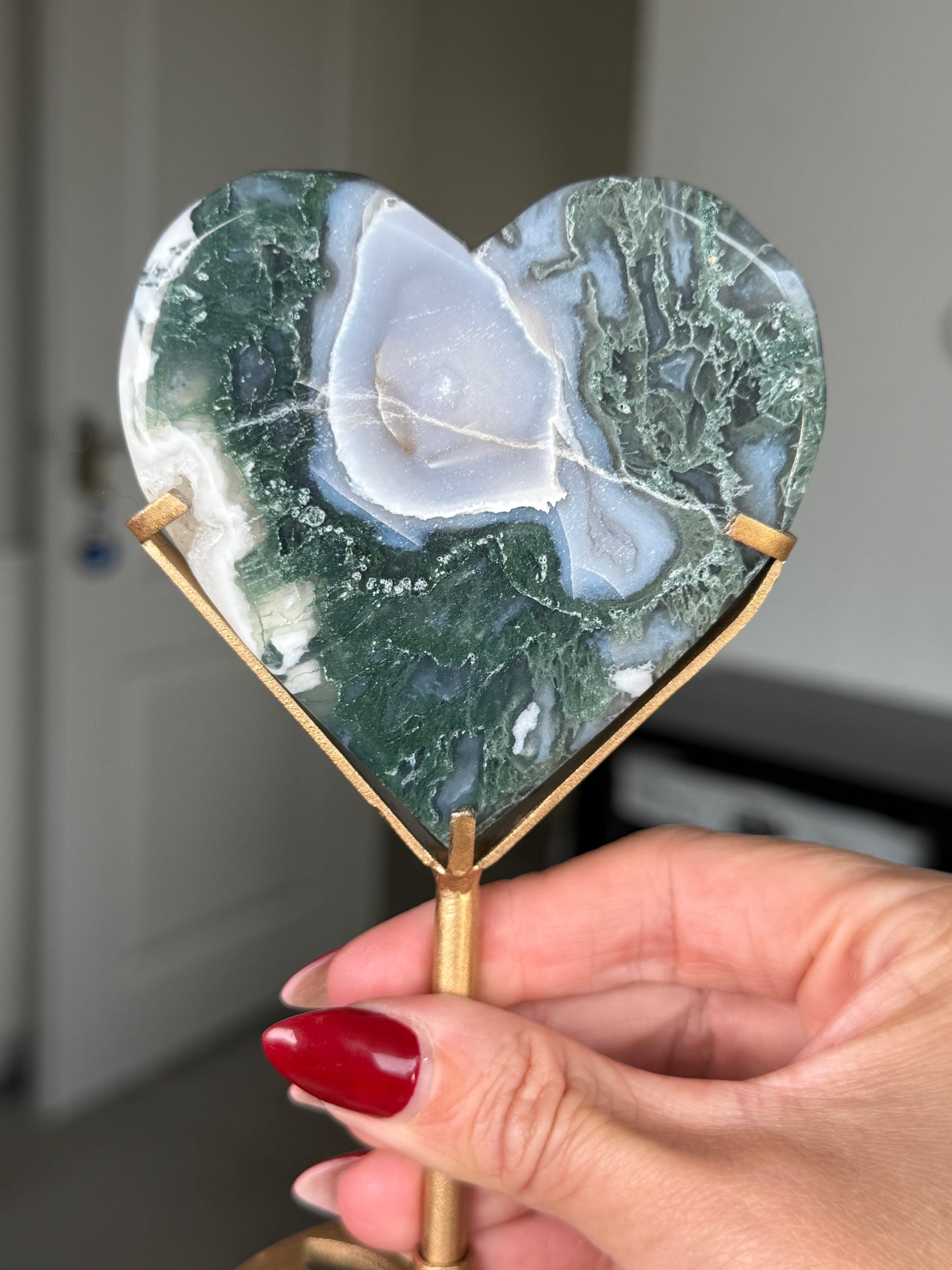 Moss Agate Heart On Gold Stand