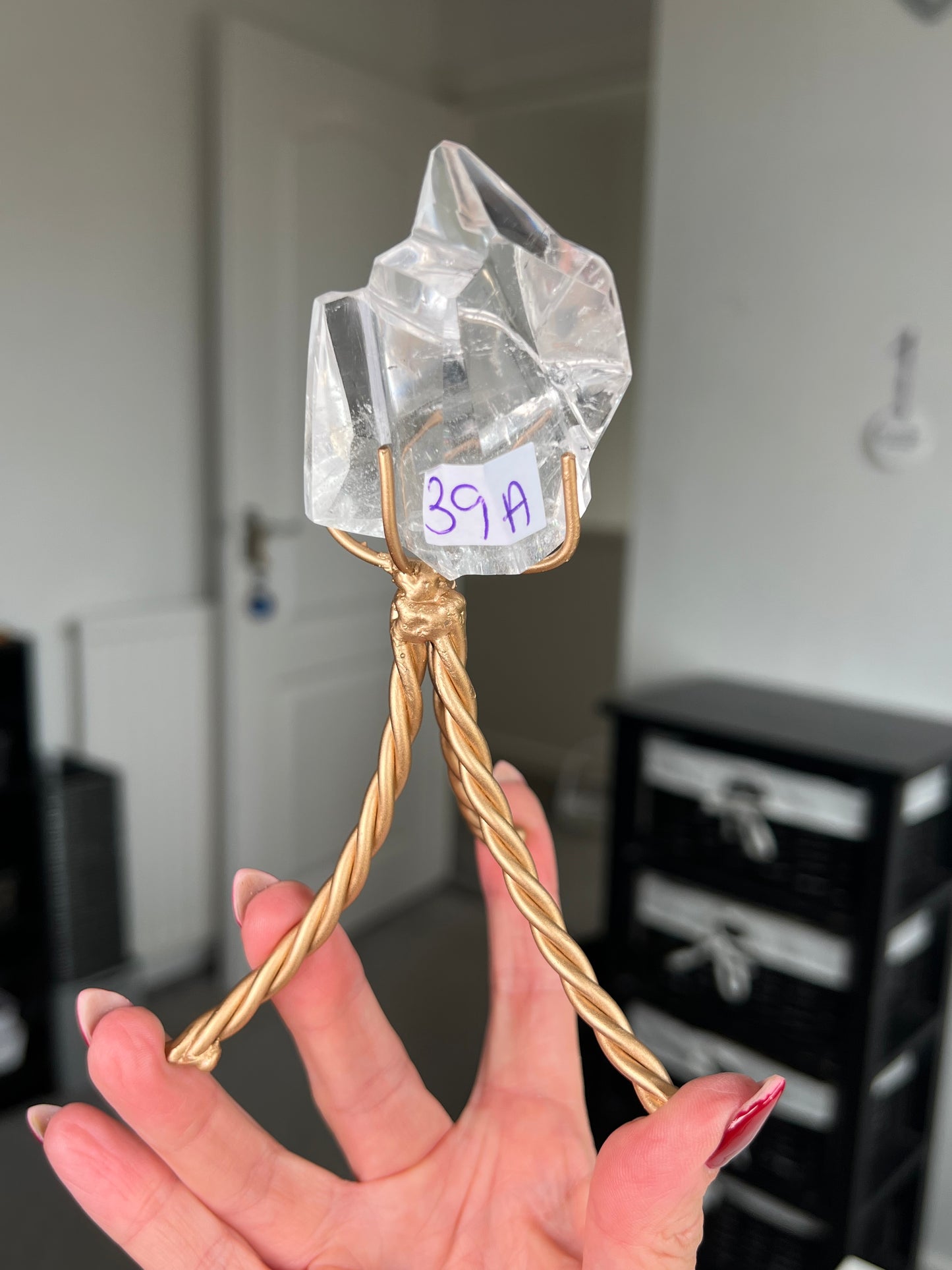 High Grade Brazilian Clear Quartz Sculpture On Gold Twisty Stand
