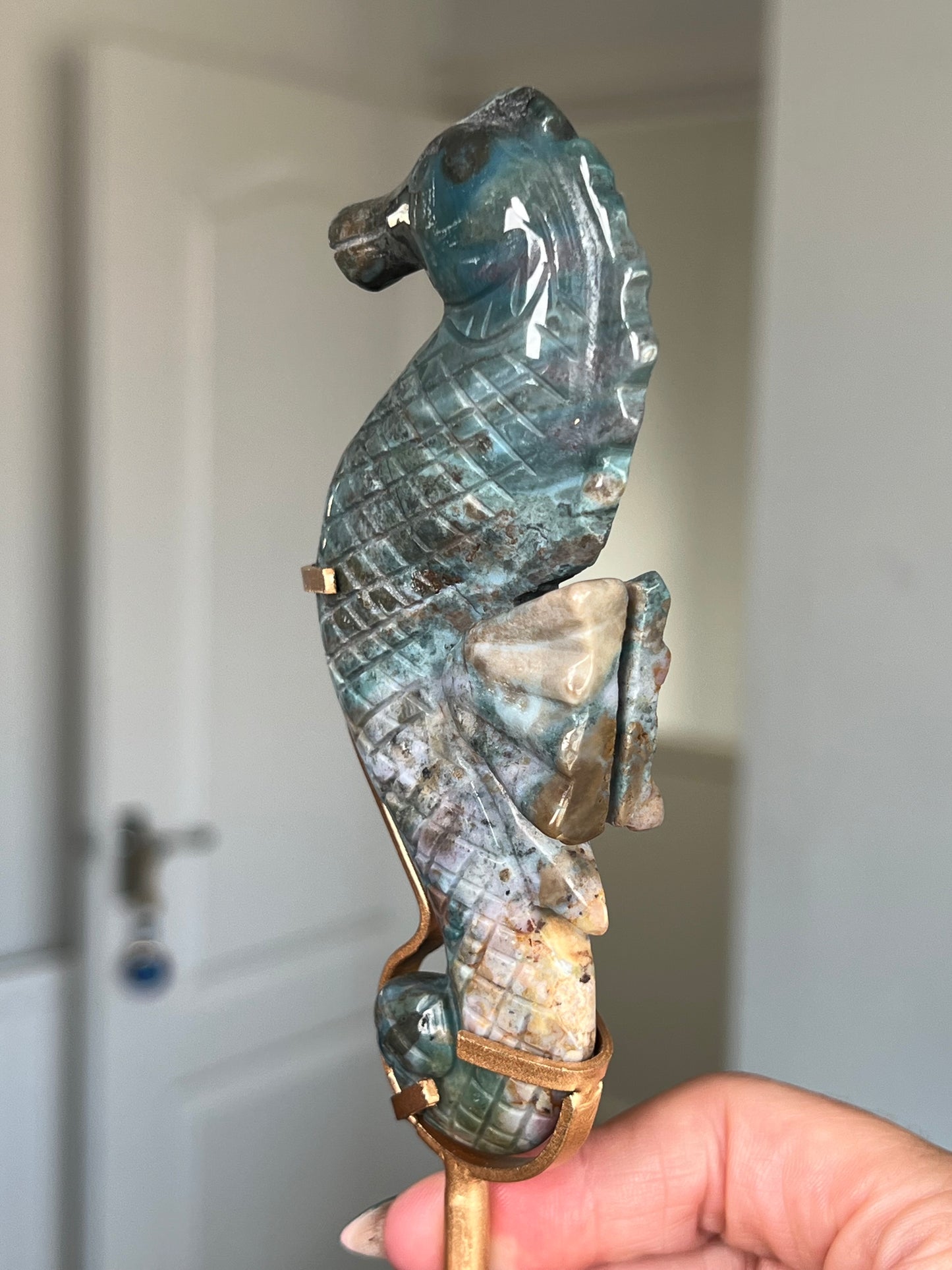 Ocean Jasper Seahorse On Gold Stand