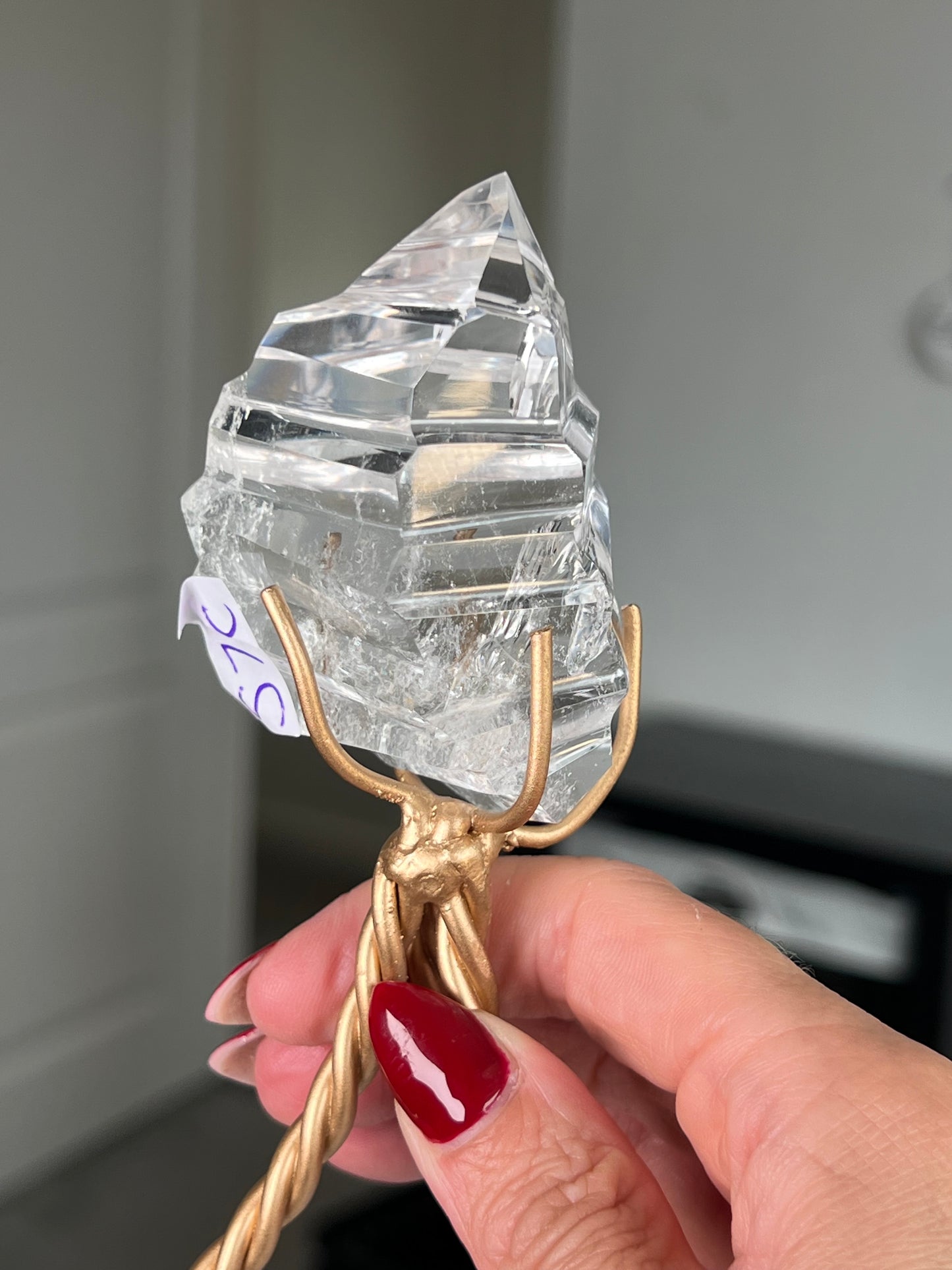 High Grade Brazilian Clear Quartz Sculpture On Gold Twisty Stand