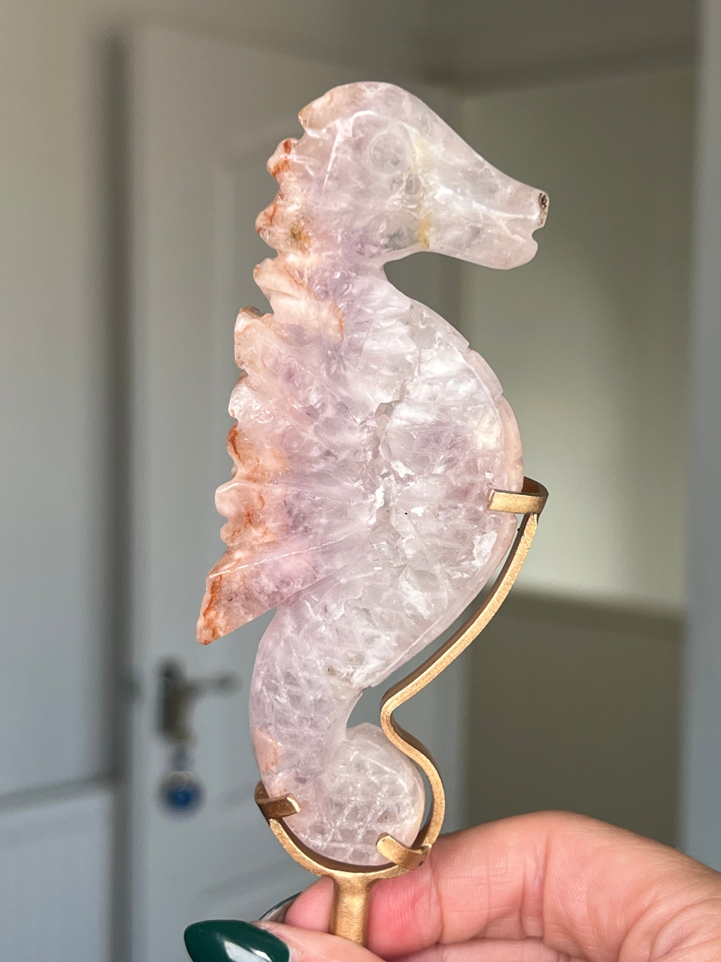 Flower Agate Seahorse On Gold Stand