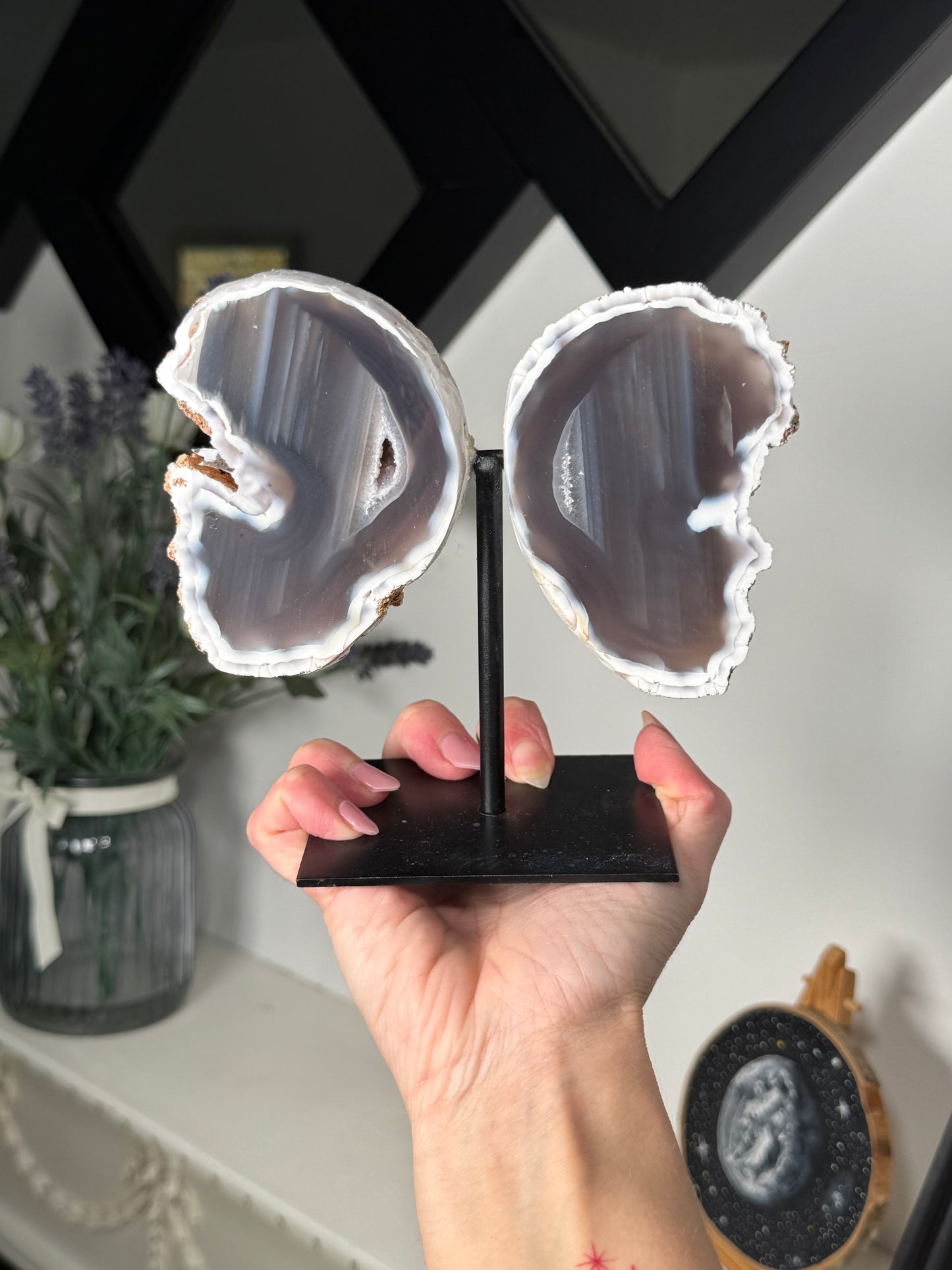 Agate Geode Wings On Black Stand
