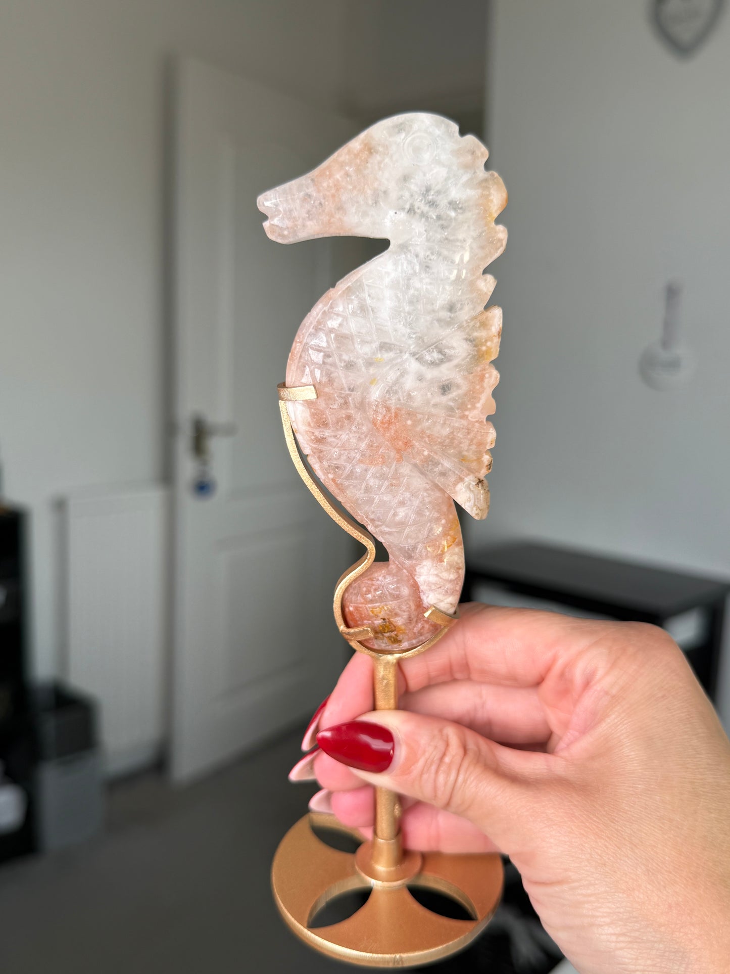 Flower Agate Seahorse On Gold Stand