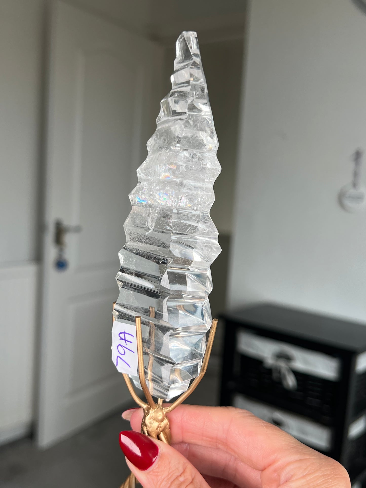 High Grade Brazilian Clear Quartz Sculpture On Gold Twisty Stand