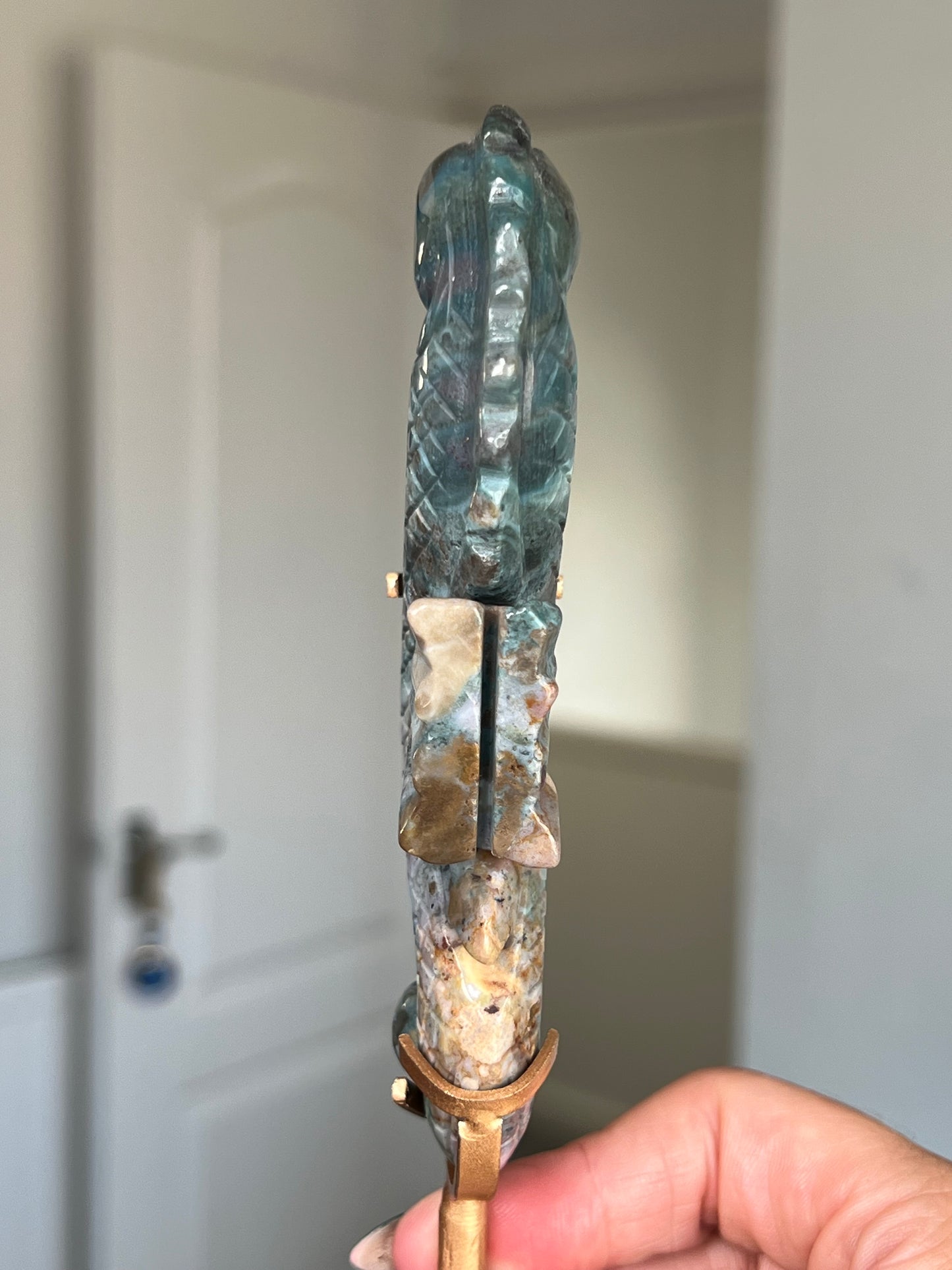 Ocean Jasper Seahorse On Gold Stand