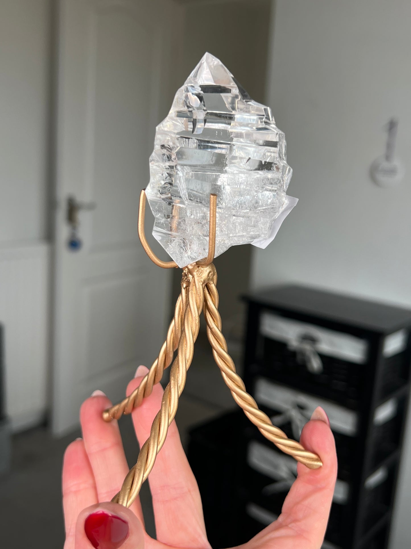 High Grade Brazilian Clear Quartz Sculpture On Gold Twisty Stand