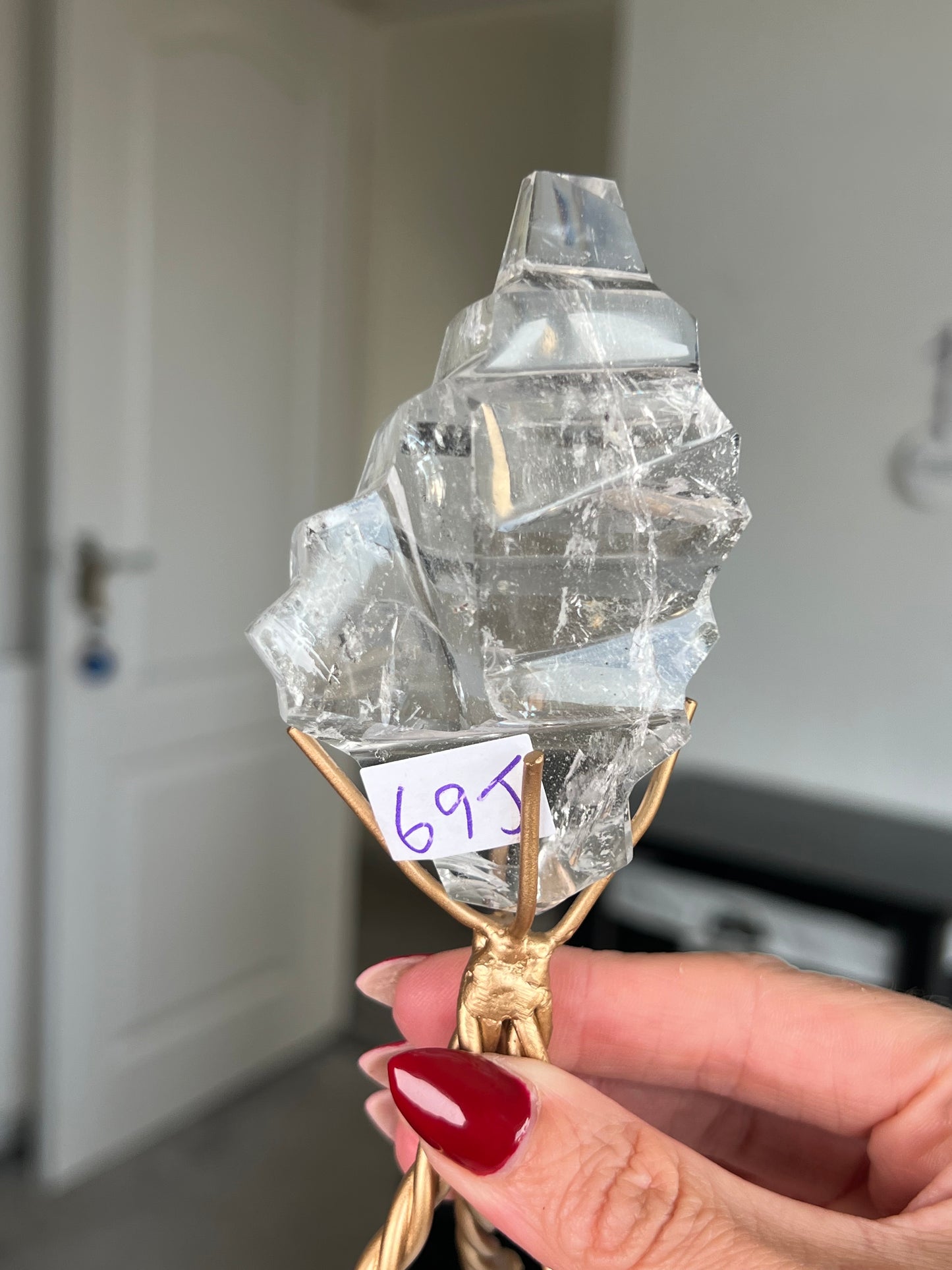 High Grade Brazilian Clear Quartz Sculpture On Gold Twisty Stand