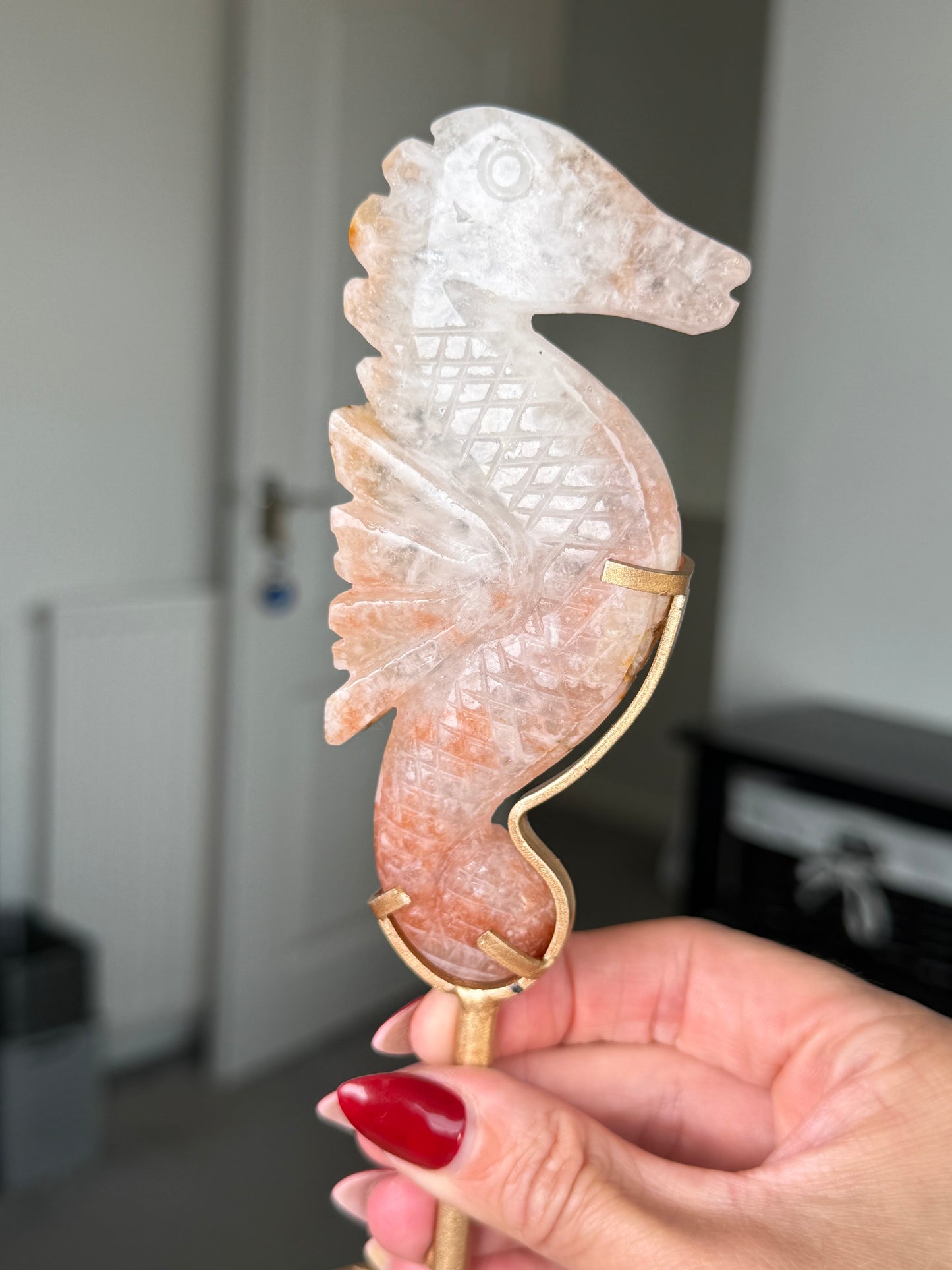 Flower Agate Seahorse On Gold Stand