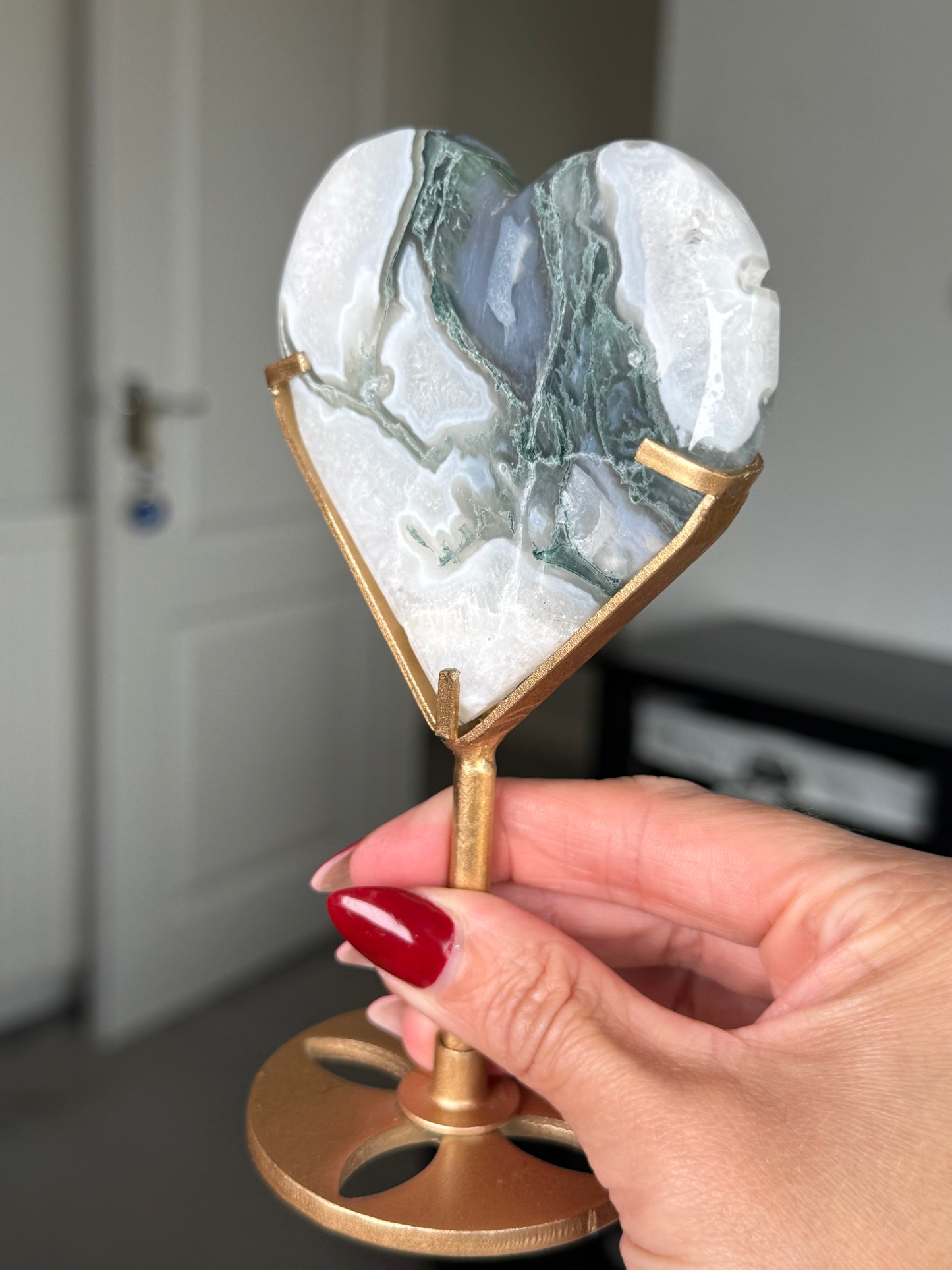Moss Agate Heart On Gold Stand