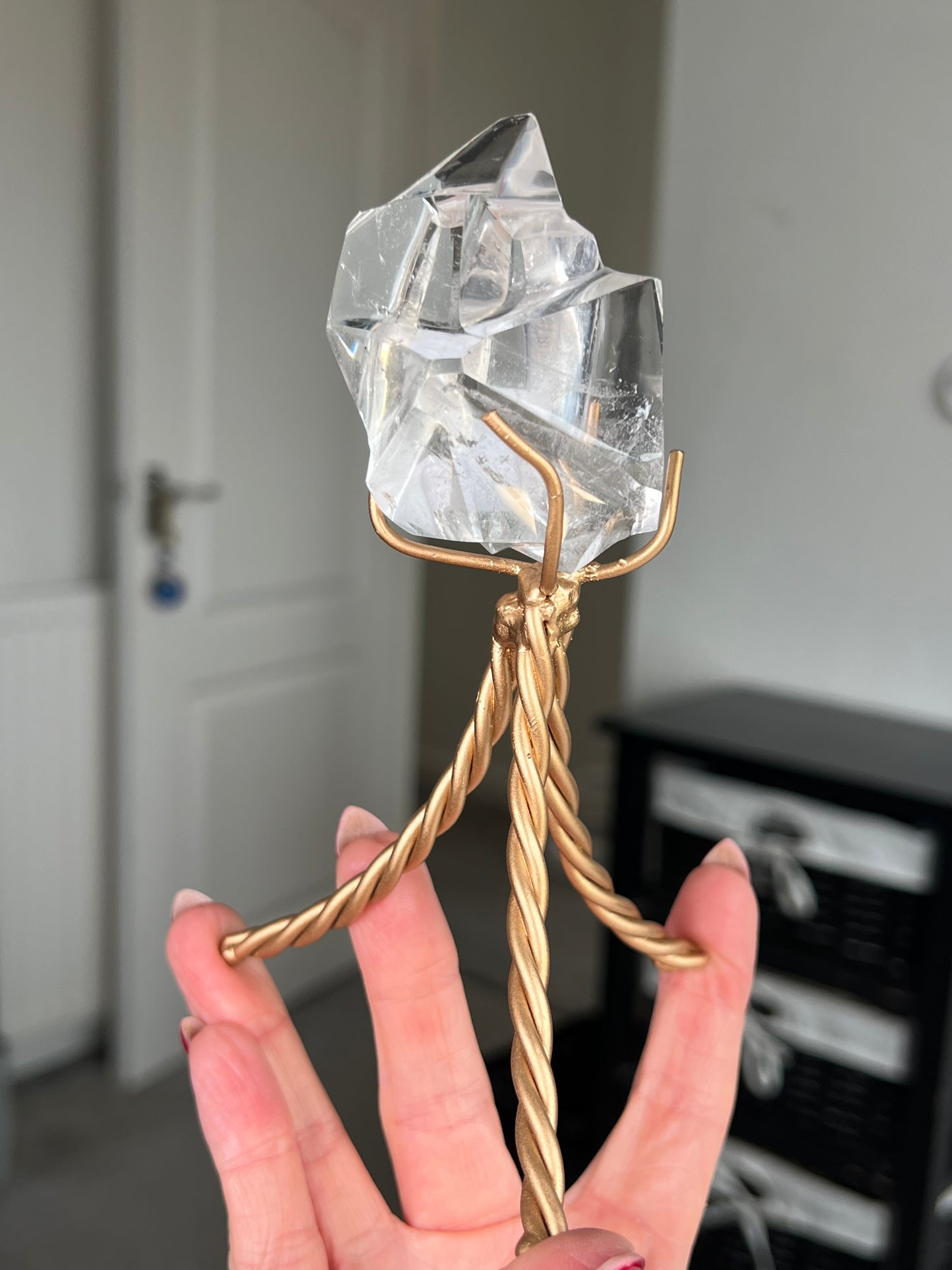 High Grade Brazilian Clear Quartz Sculpture On Gold Twisty Stand