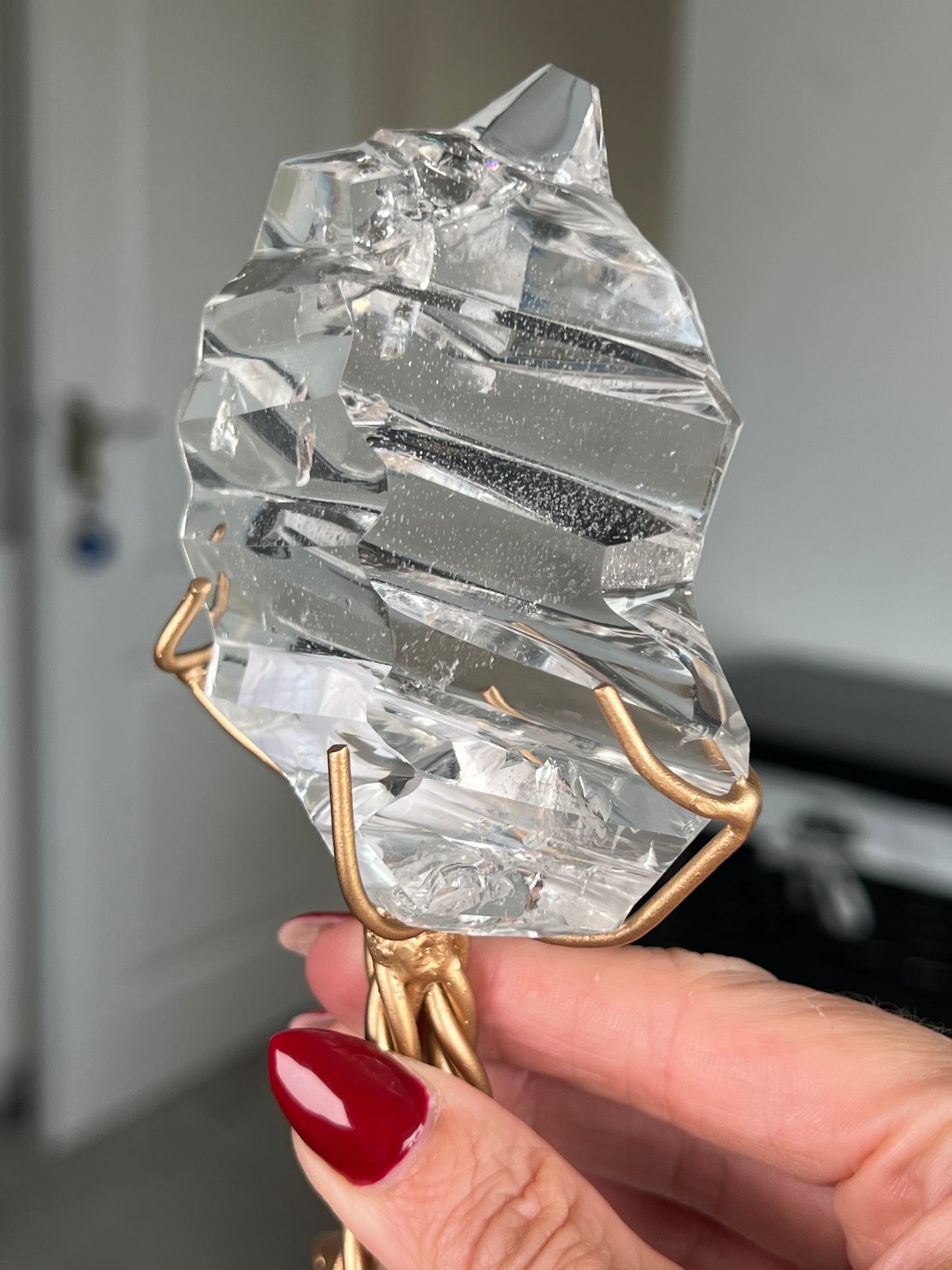High Grade Brazilian Clear Quartz Sculpture On Gold Twisty Stand