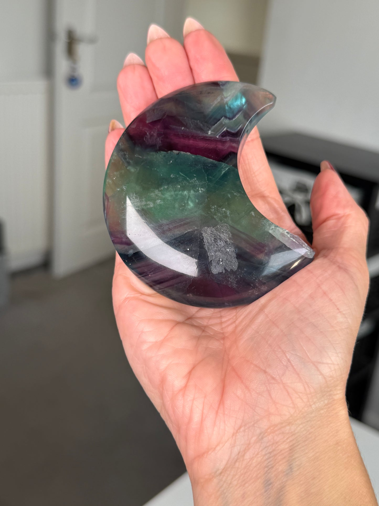 Imperfect Fluorite Moon On Gold Stand
