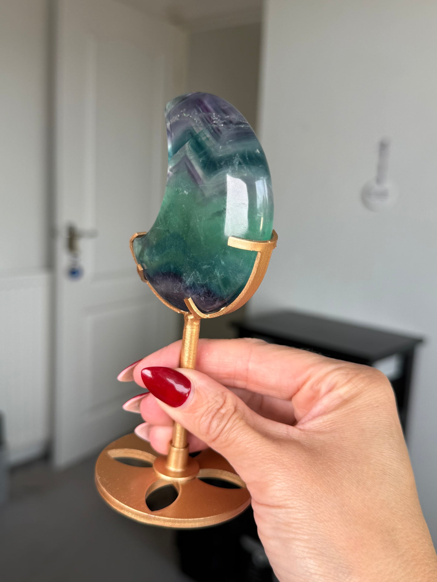 Fluorite Moon On Gold Stand