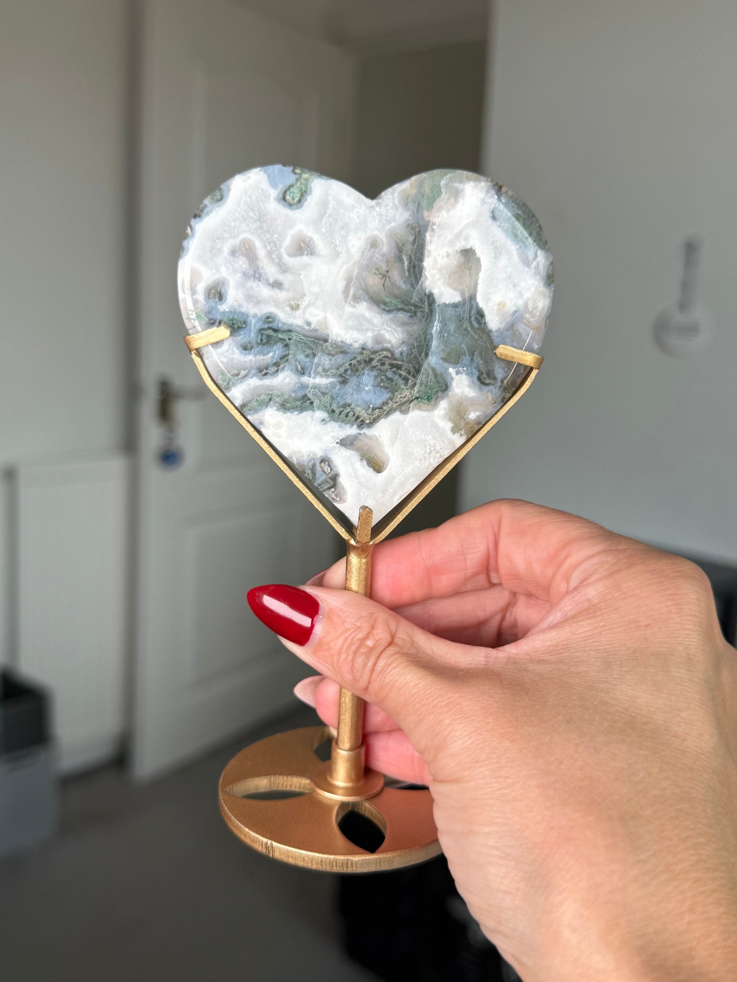 Moss Agate Heart On Gold Stand