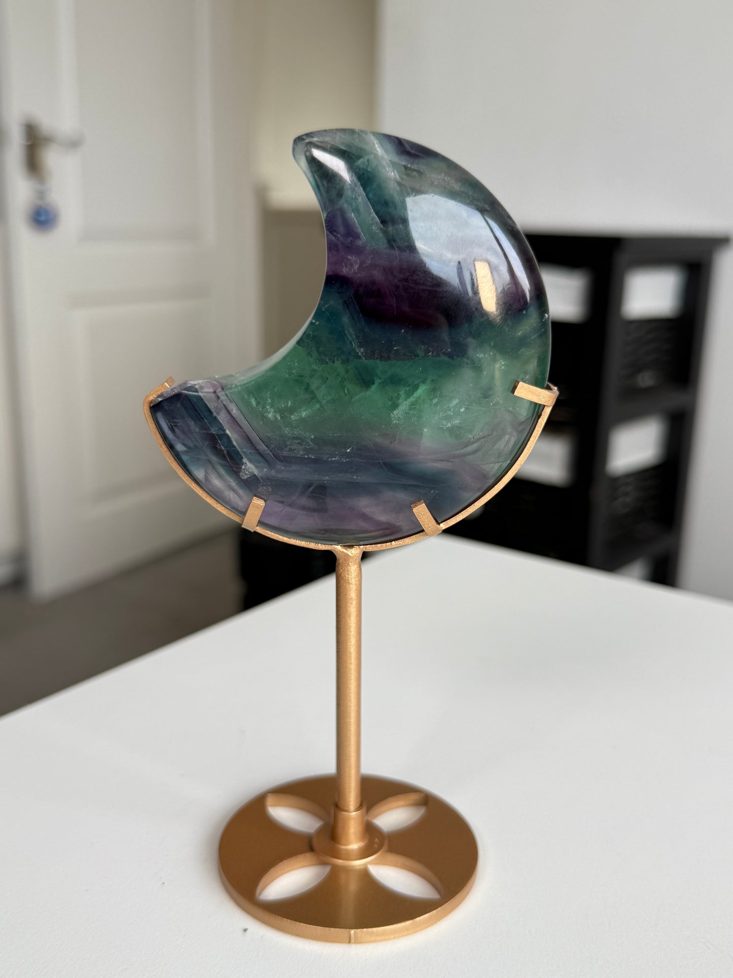Imperfect Fluorite Moon On Gold Stand