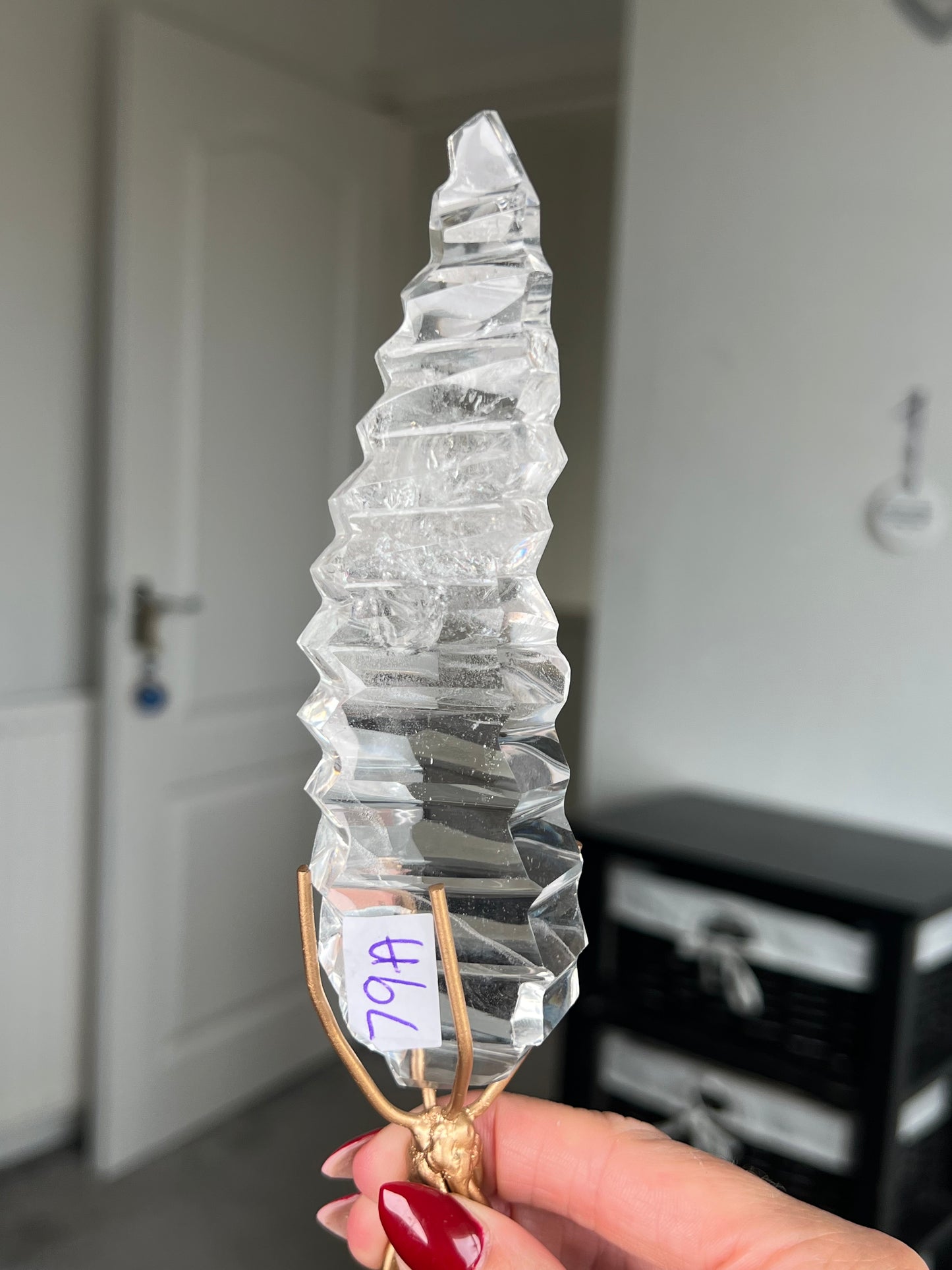 High Grade Brazilian Clear Quartz Sculpture On Gold Twisty Stand