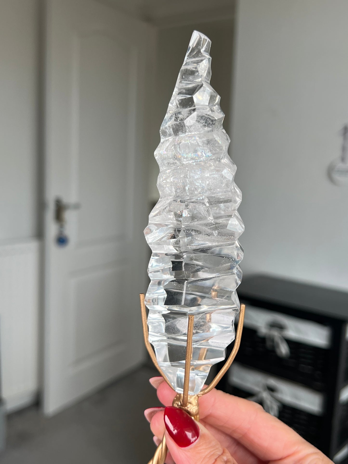 High Grade Brazilian Clear Quartz Sculpture On Gold Twisty Stand