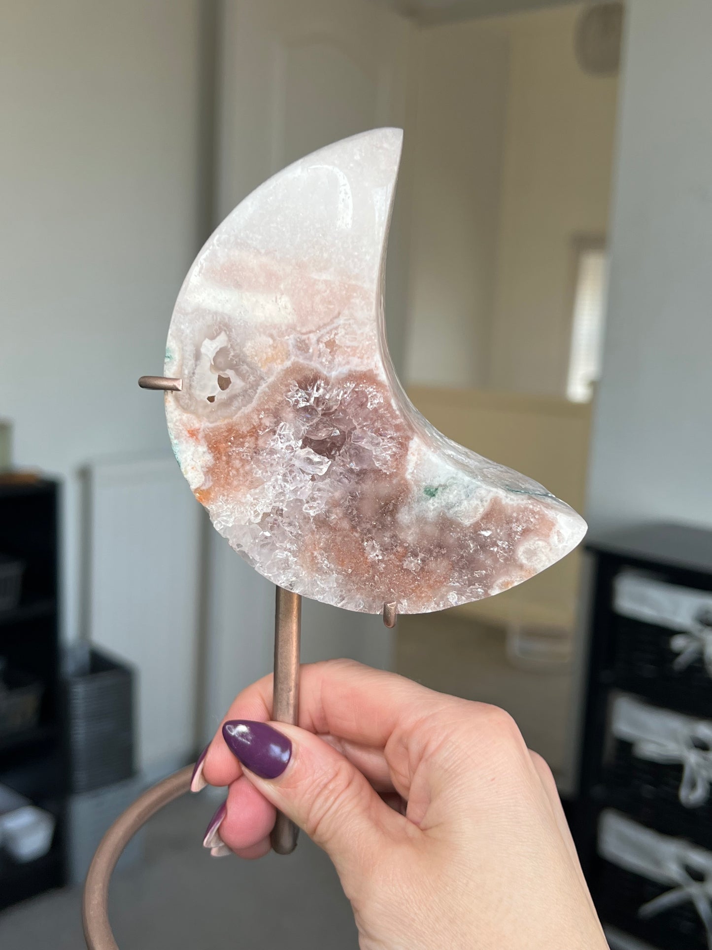 Pink Amethyst Moon On Custom Rose Gold Stand
