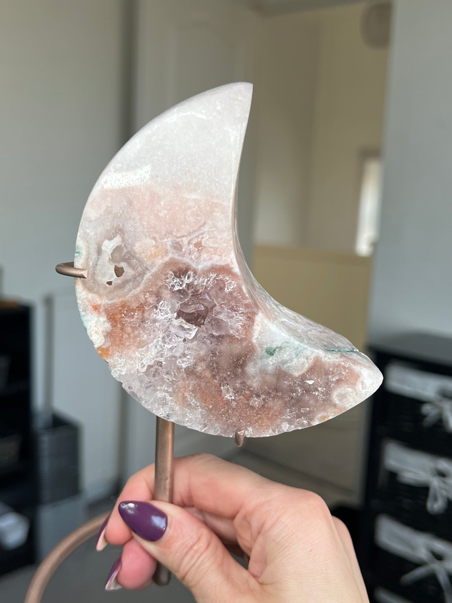 Pink Amethyst Moon On Custom Rose Gold Stand