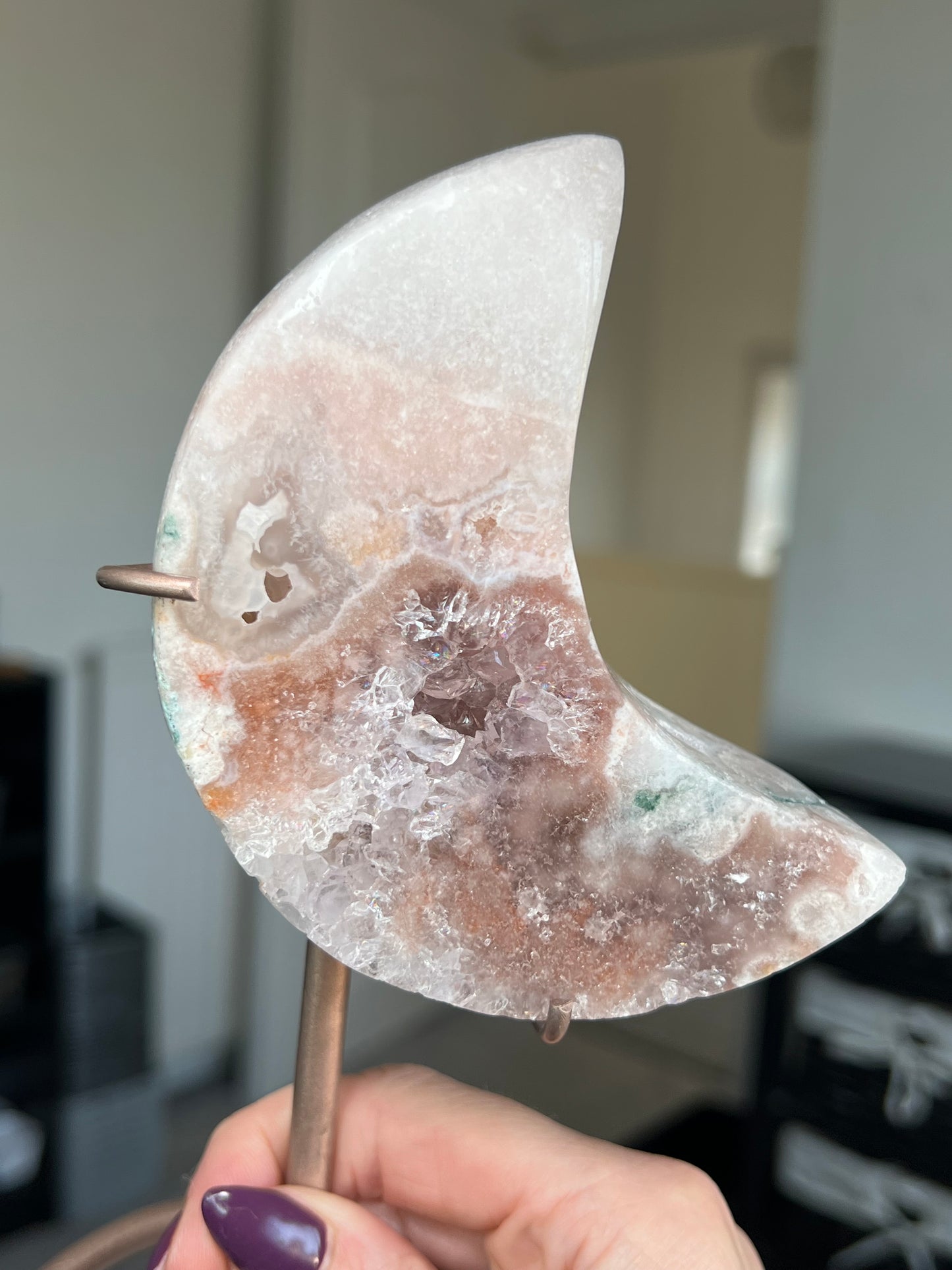 Pink Amethyst Moon On Custom Rose Gold Stand