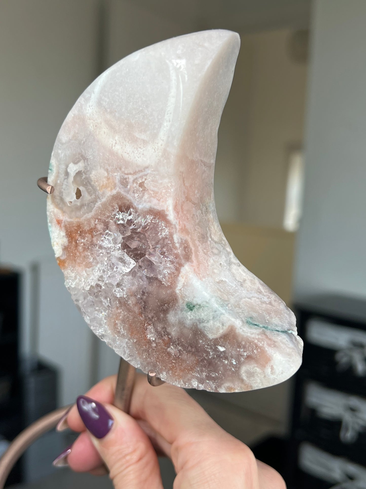 Pink Amethyst Moon On Custom Rose Gold Stand