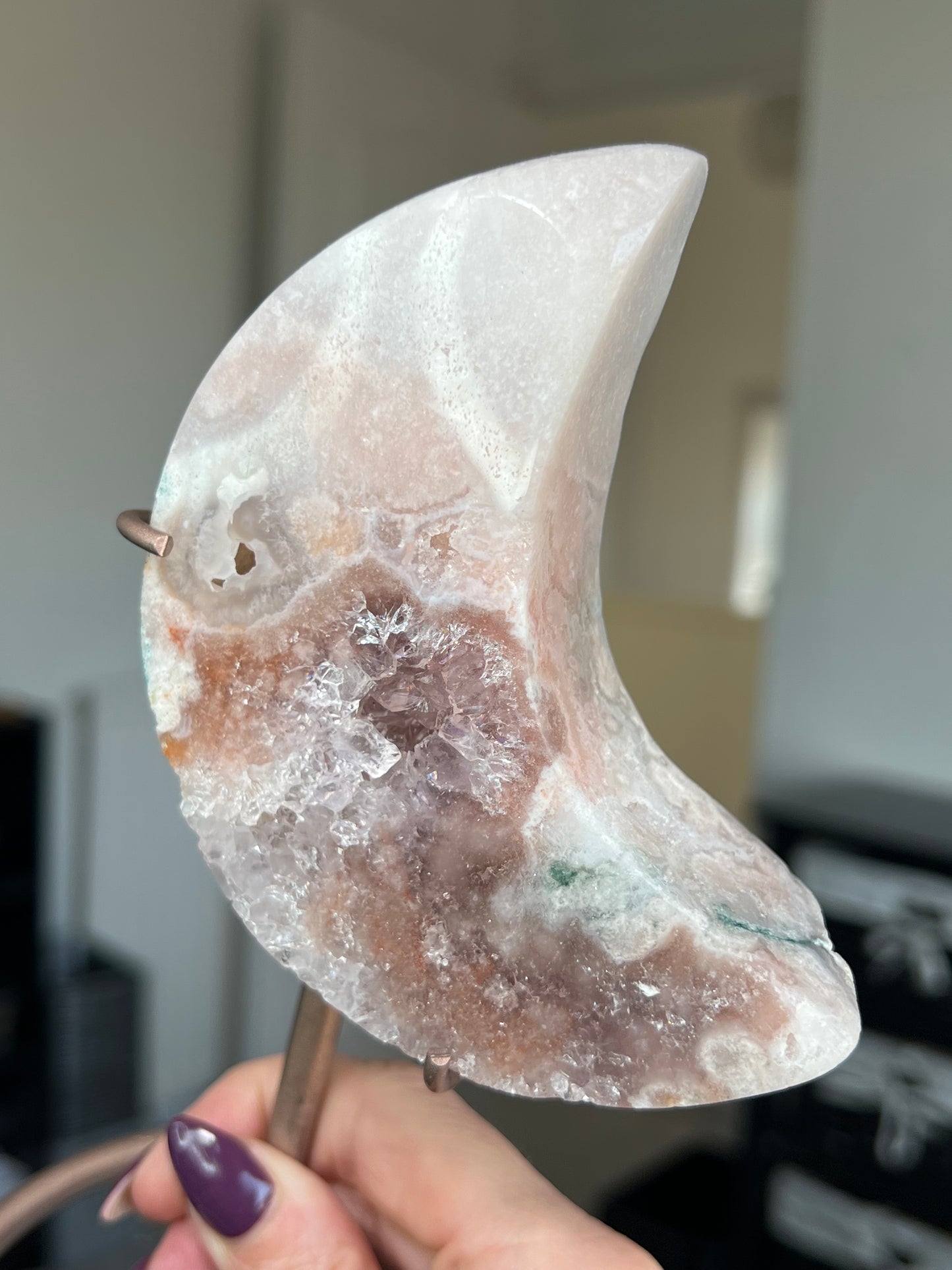 Pink Amethyst Moon On Custom Rose Gold Stand