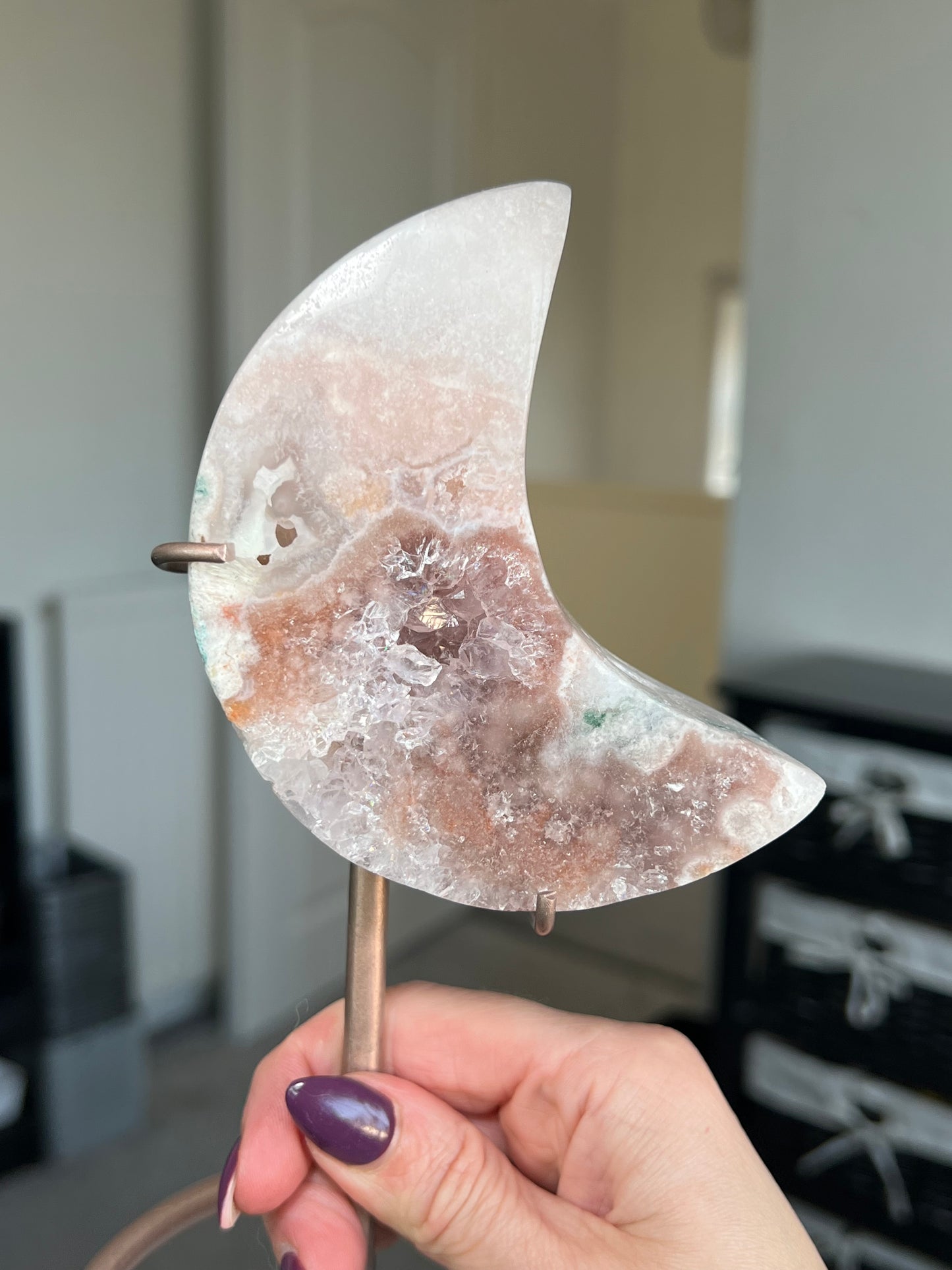 Pink Amethyst Moon On Custom Rose Gold Stand