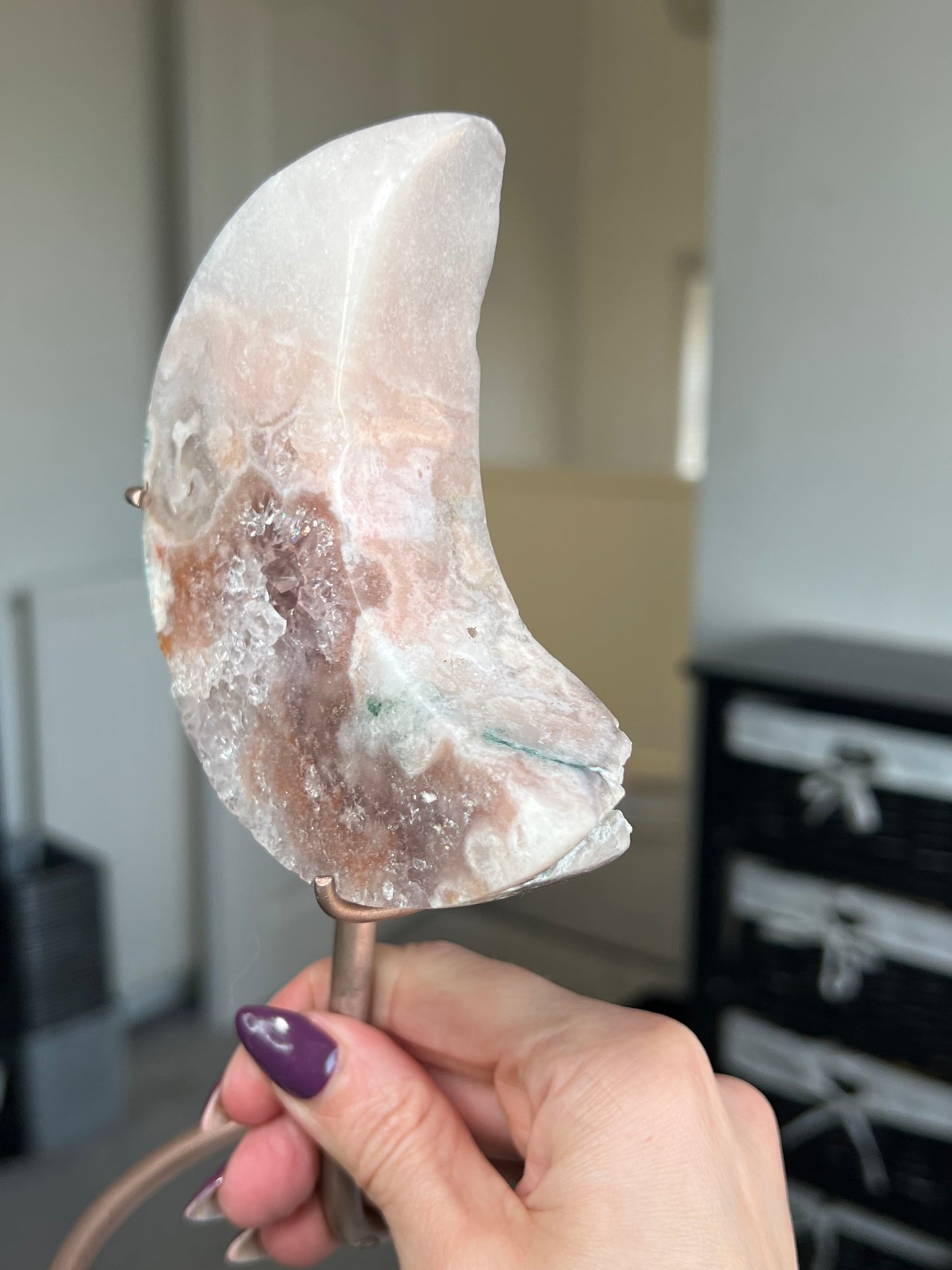 Pink Amethyst Moon On Custom Rose Gold Stand