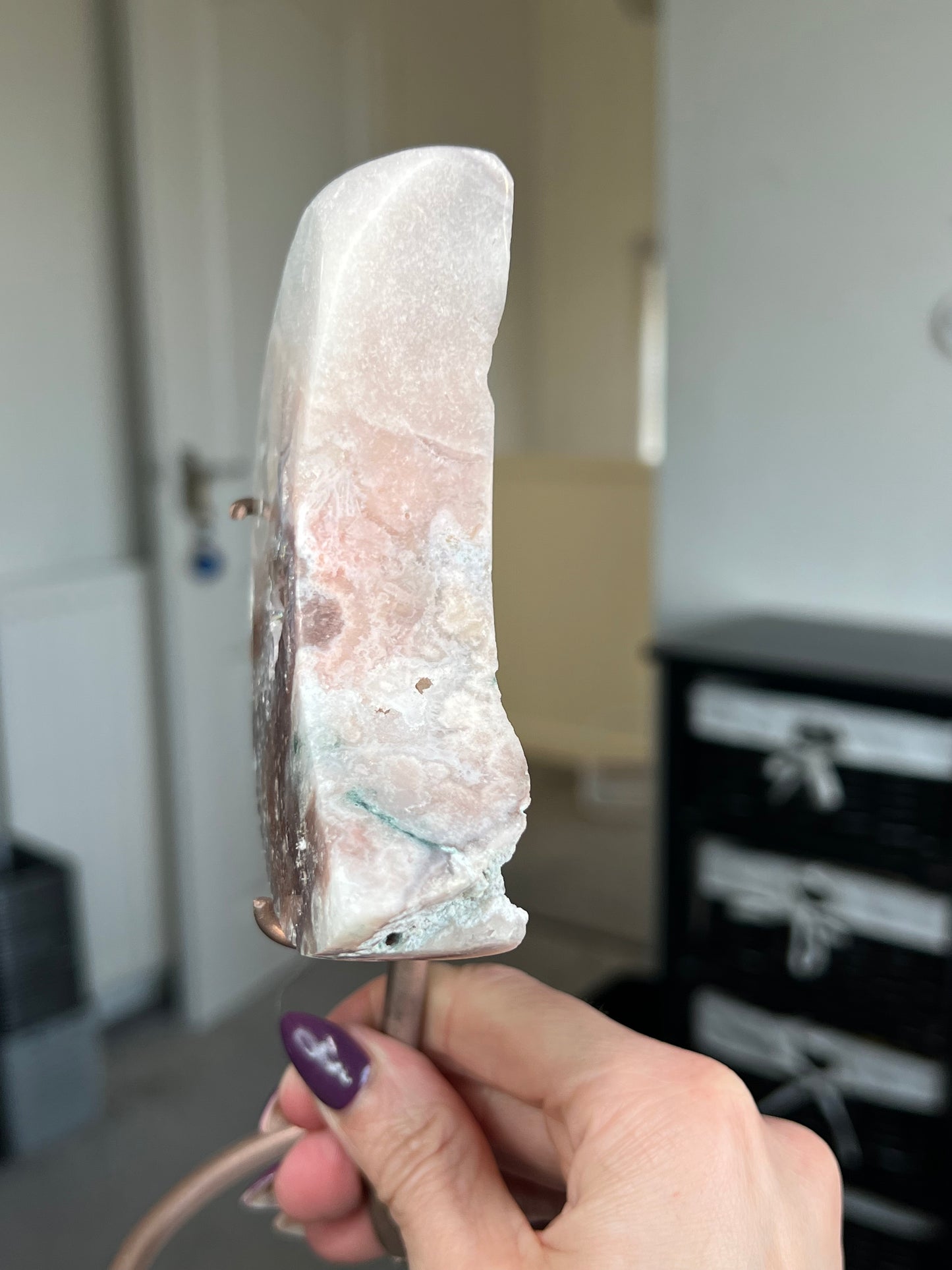 Pink Amethyst Moon On Custom Rose Gold Stand