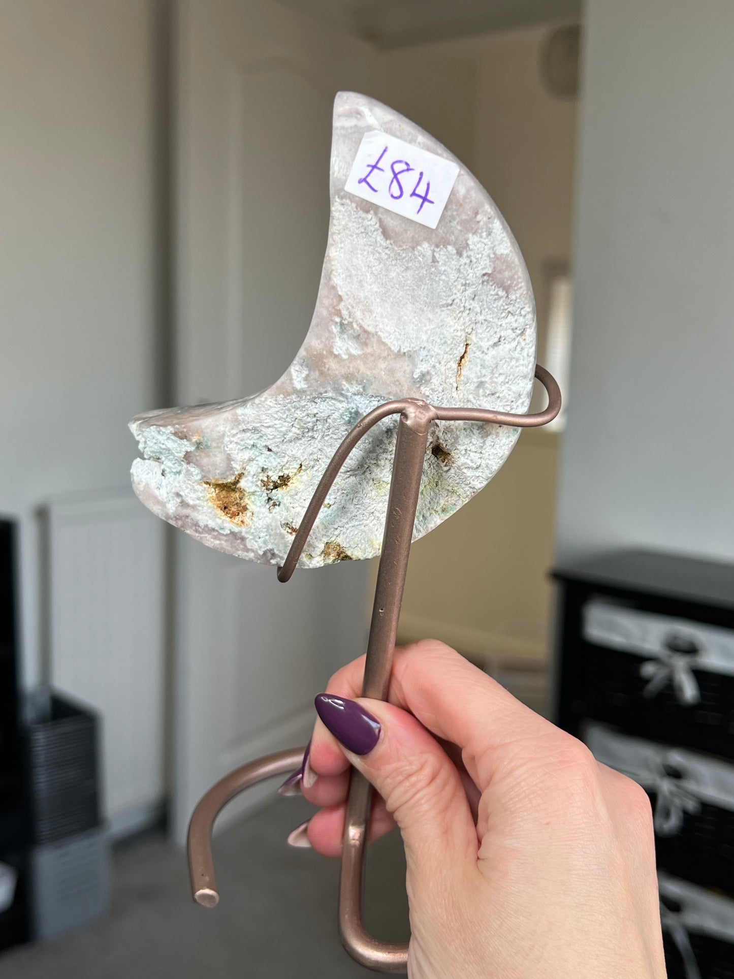 Pink Amethyst Moon On Custom Rose Gold Stand