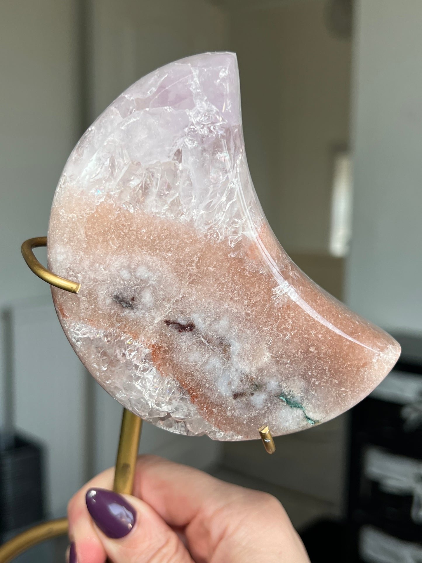 Pink Amethyst Moon On Custom Gold Stand