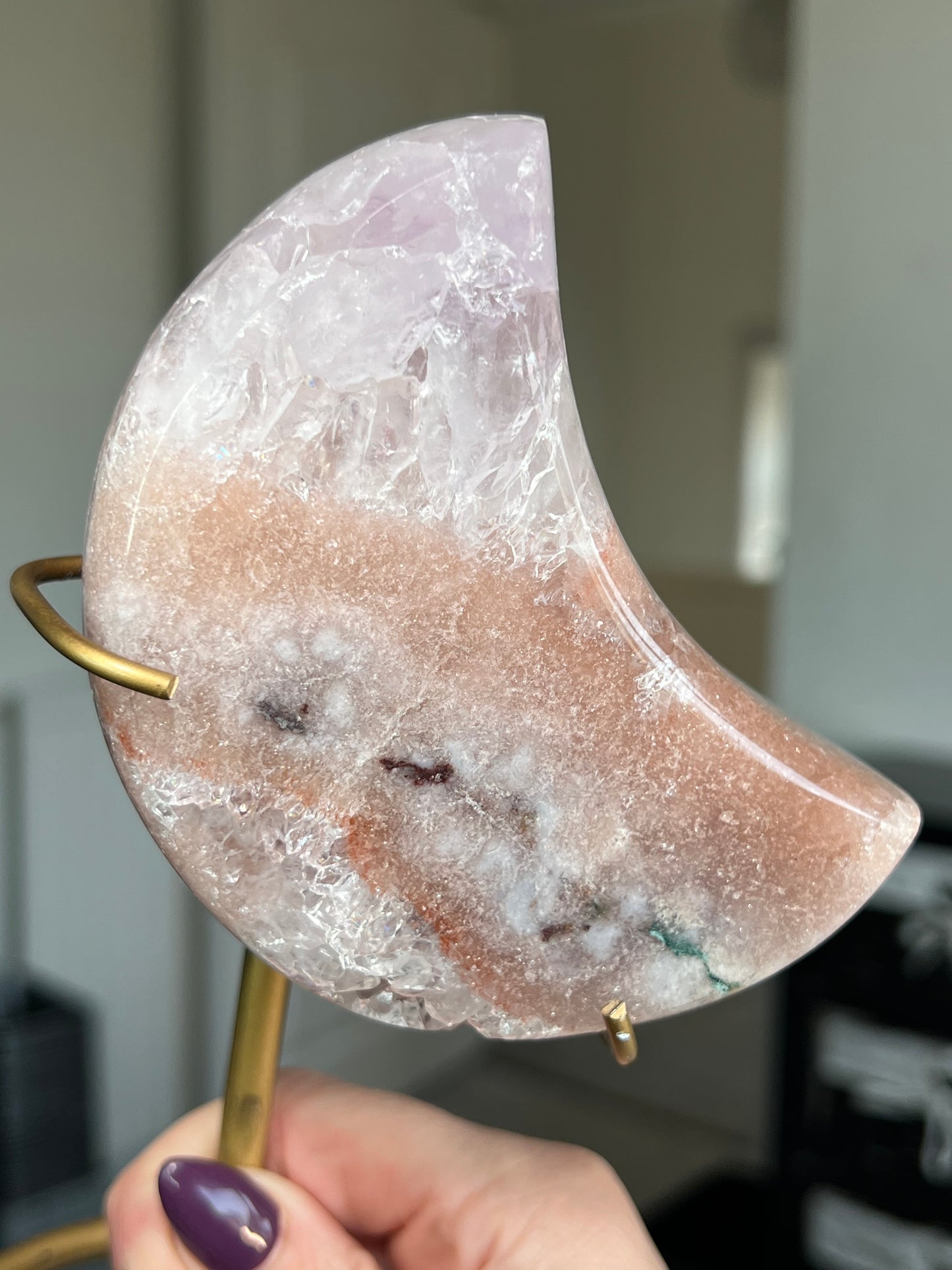 Pink Amethyst Moon On Custom Gold Stand