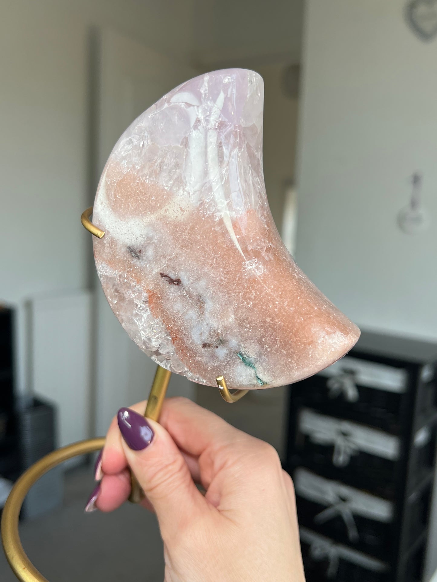 Pink Amethyst Moon On Custom Gold Stand