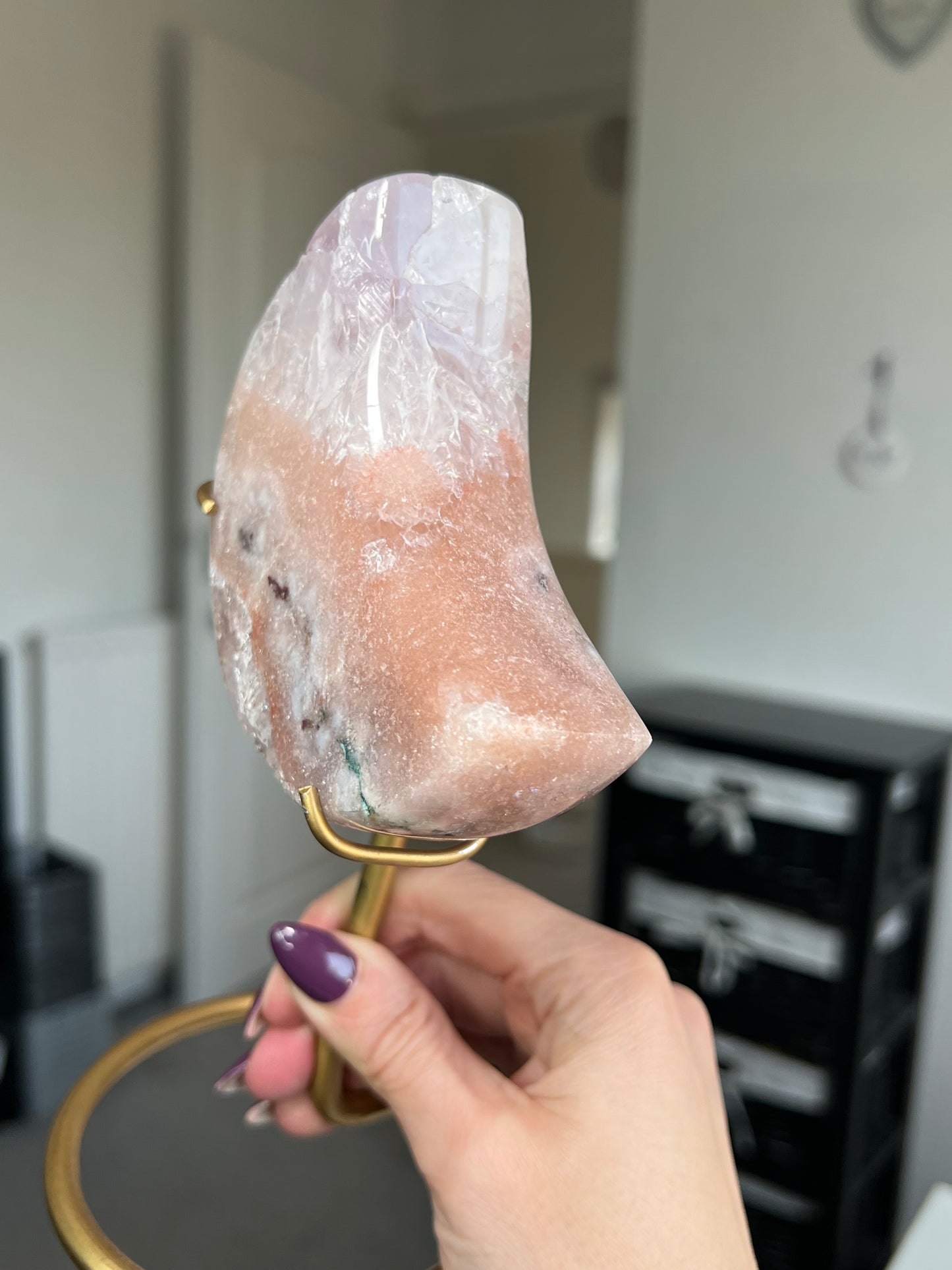 Pink Amethyst Moon On Custom Gold Stand