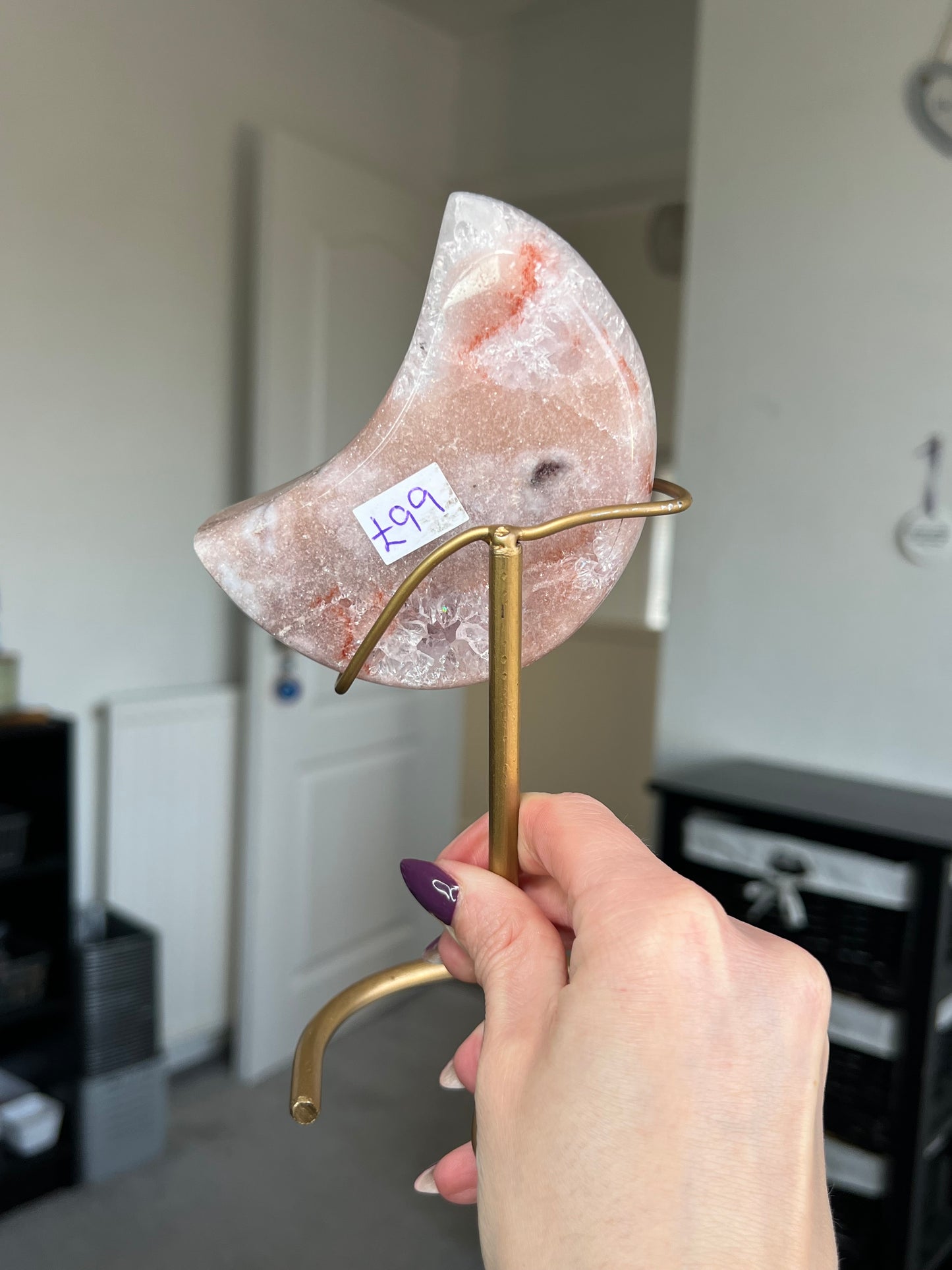 Pink Amethyst Moon On Custom Gold Stand