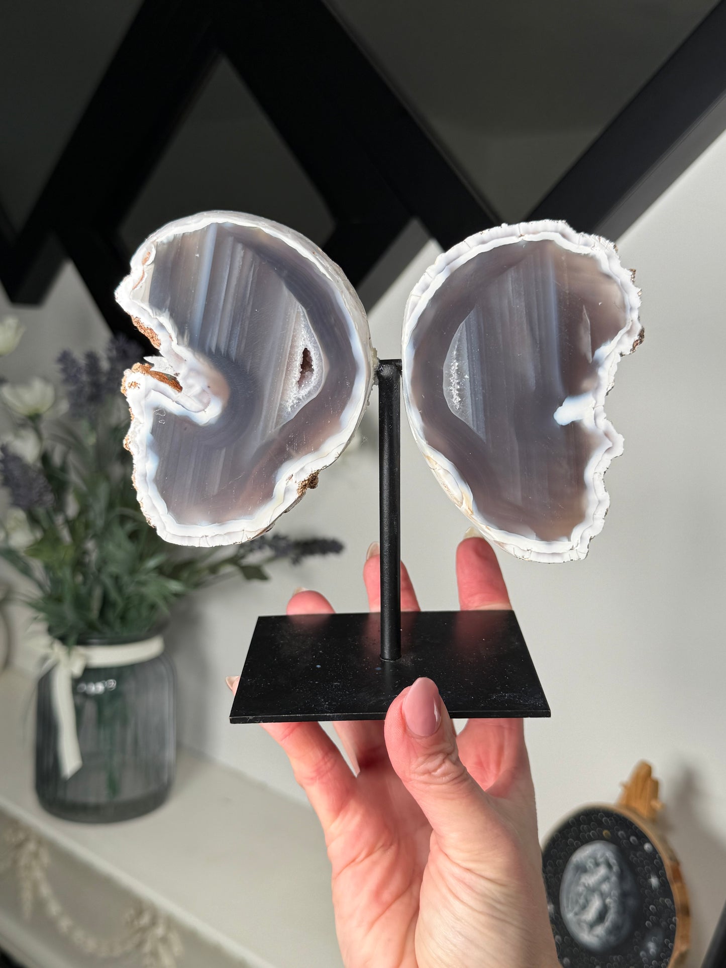 Agate Geode Wings On Black Stand