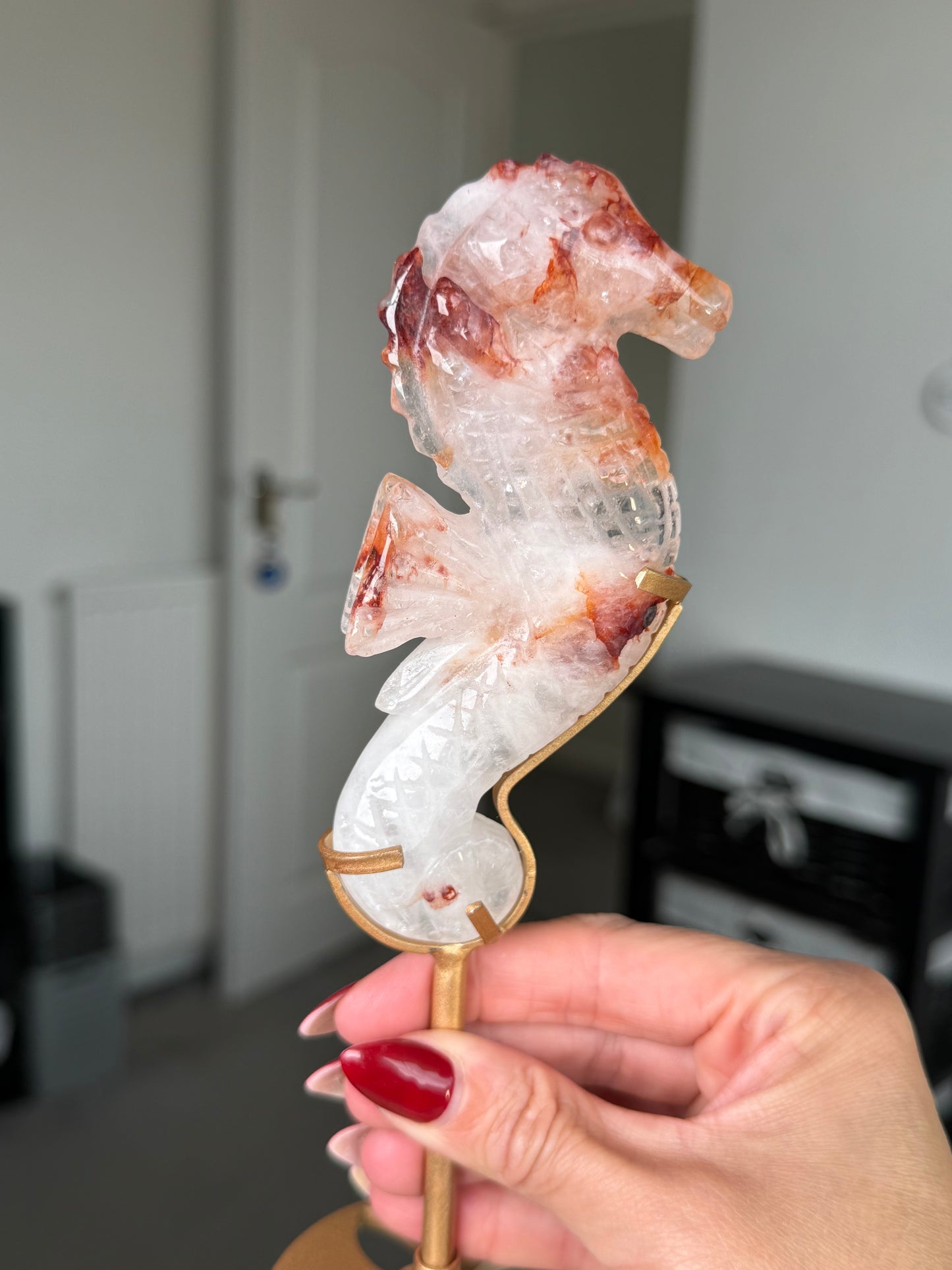 Fire Quartz Seahorse On Gold Stand