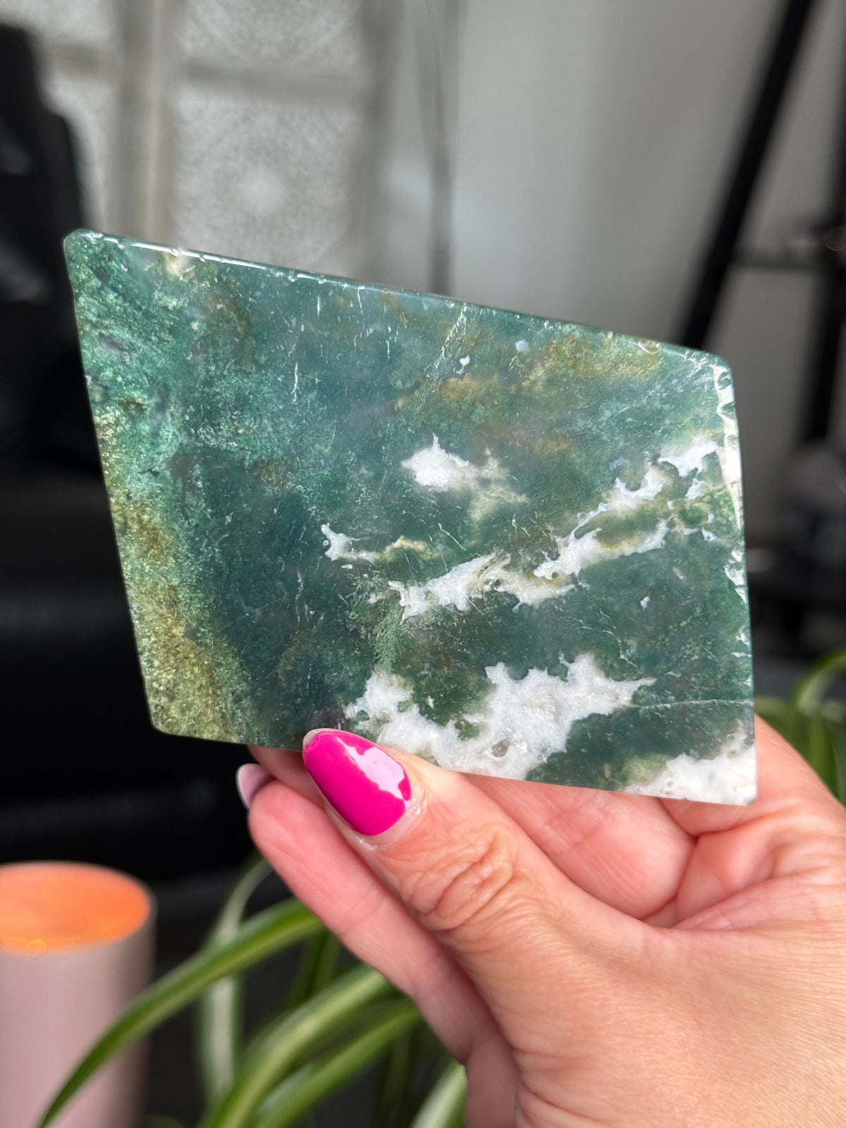 Moss Agate Slice With Stand