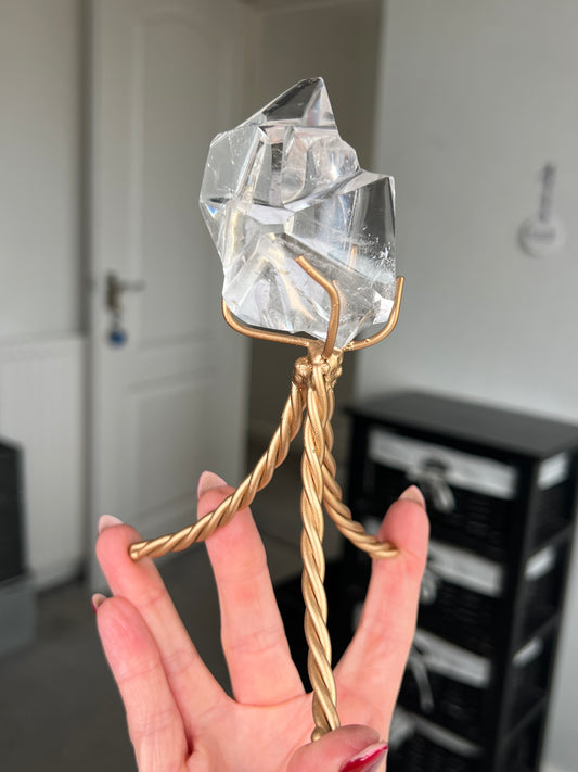High Grade Brazilian Clear Quartz Sculpture On Gold Twisty Stand