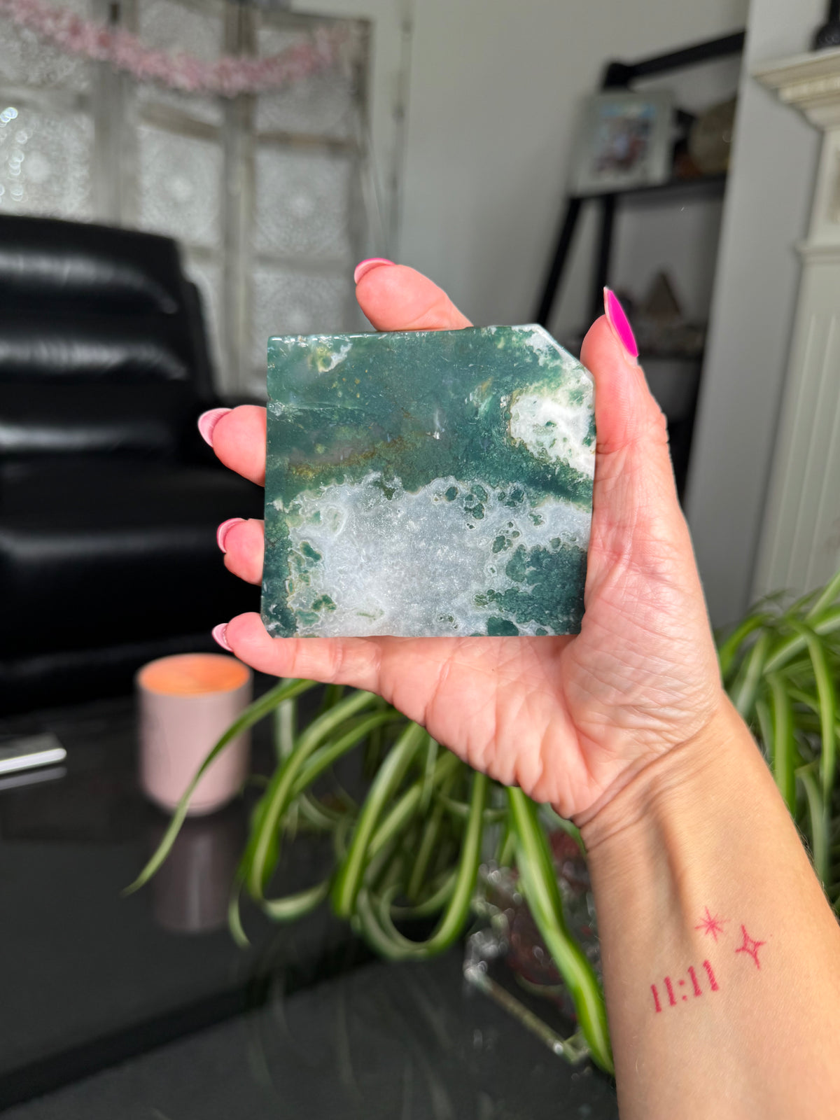 Moss Agate Slice With Stand
