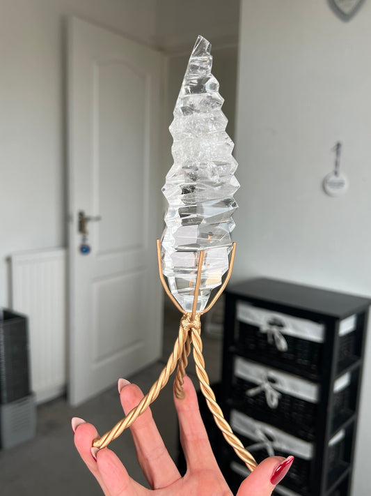 High Grade Brazilian Clear Quartz Sculpture On Gold Twisty Stand